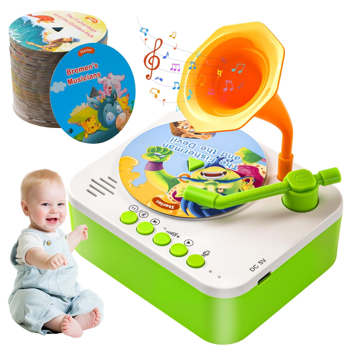 yimido Kids Phonograph Toddler Record Player with 96 Learning Cards | Portable, DIY Story Recorder & Bluetooth Speaker