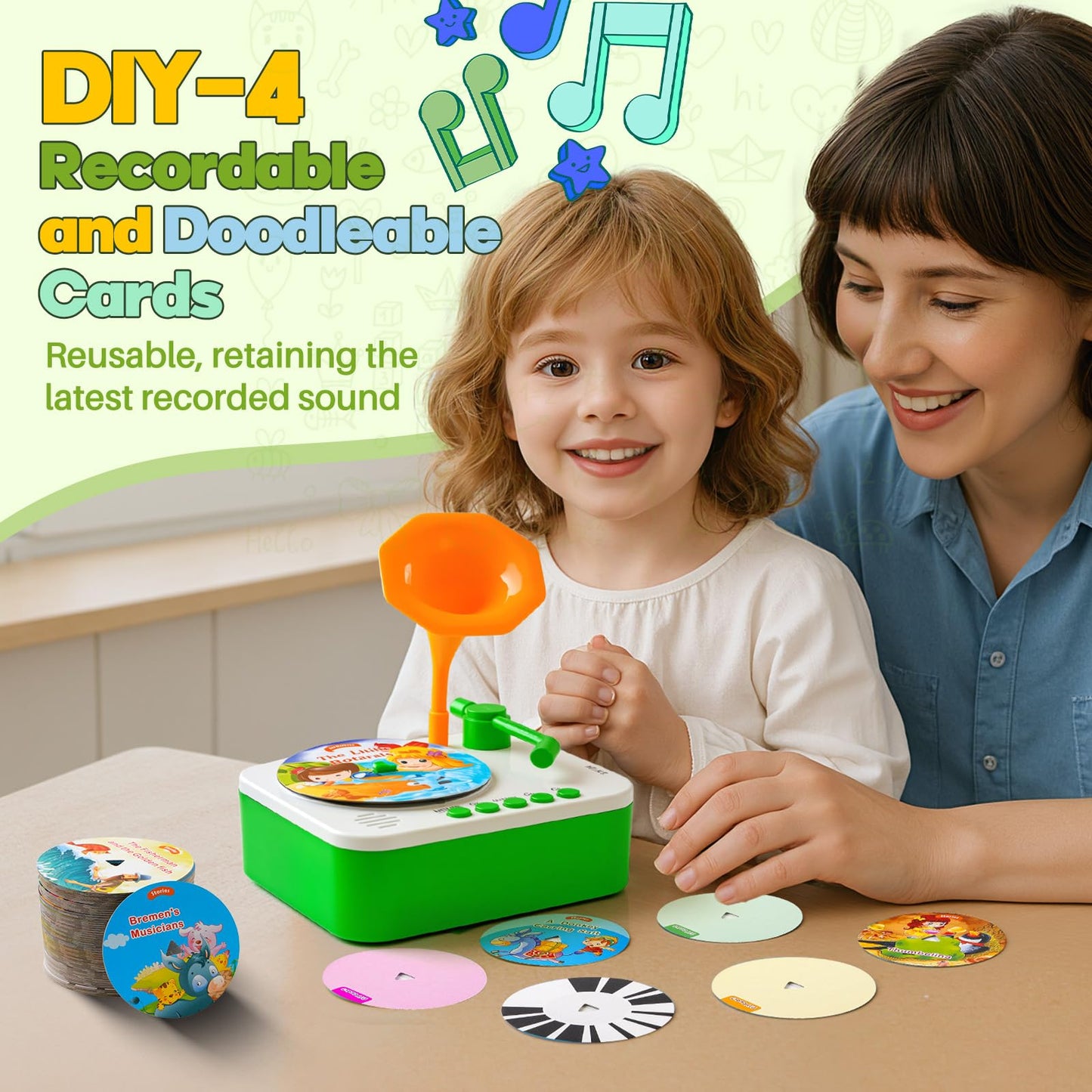 yimido Kids Phonograph Toddler Record Player with 96 Learning Cards | Portable, DIY Story Recorder & Bluetooth Speaker