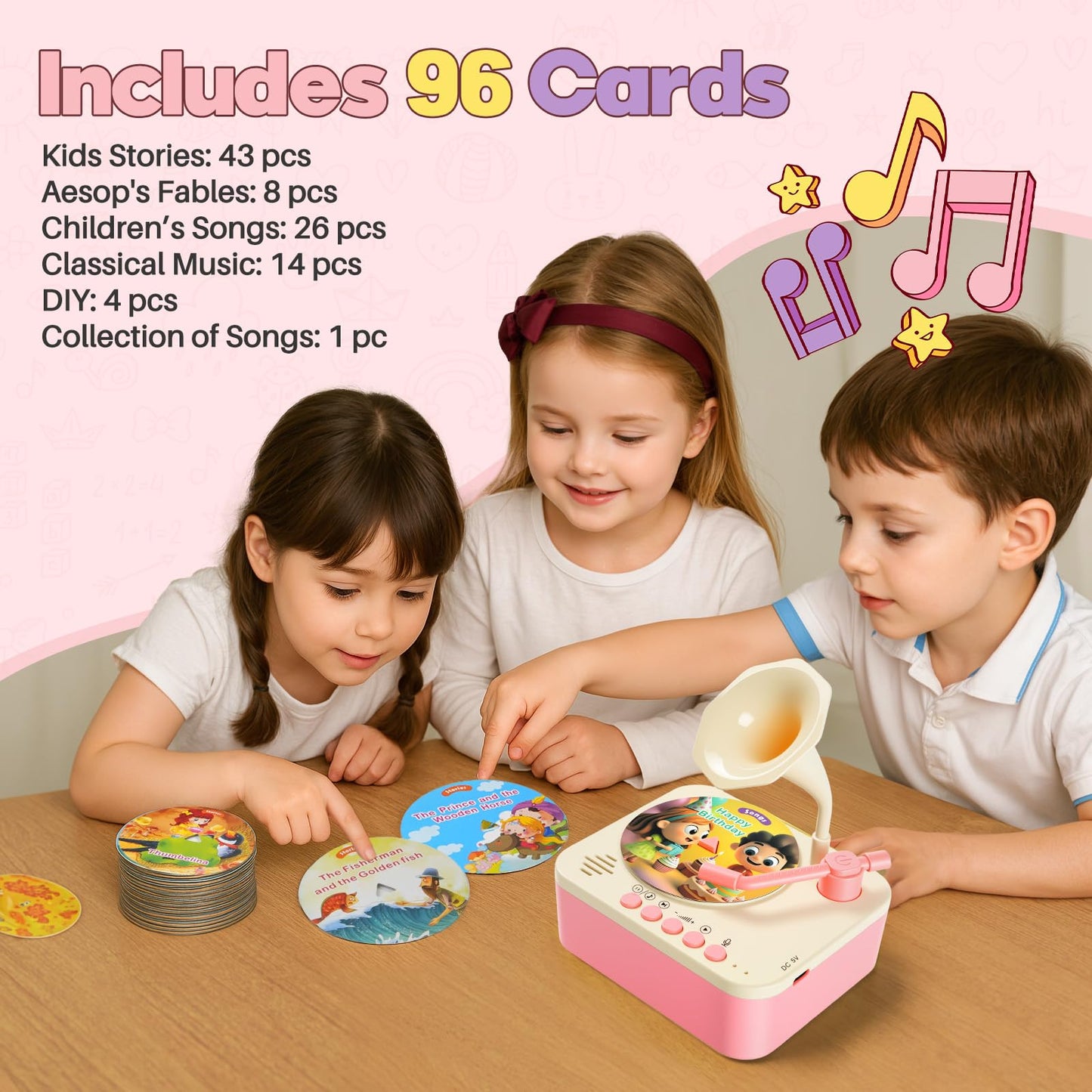 yimido Kids Phonograph Toddler Record Player – 96 Learning Cards, Portable Storyteller & DIY Recorder