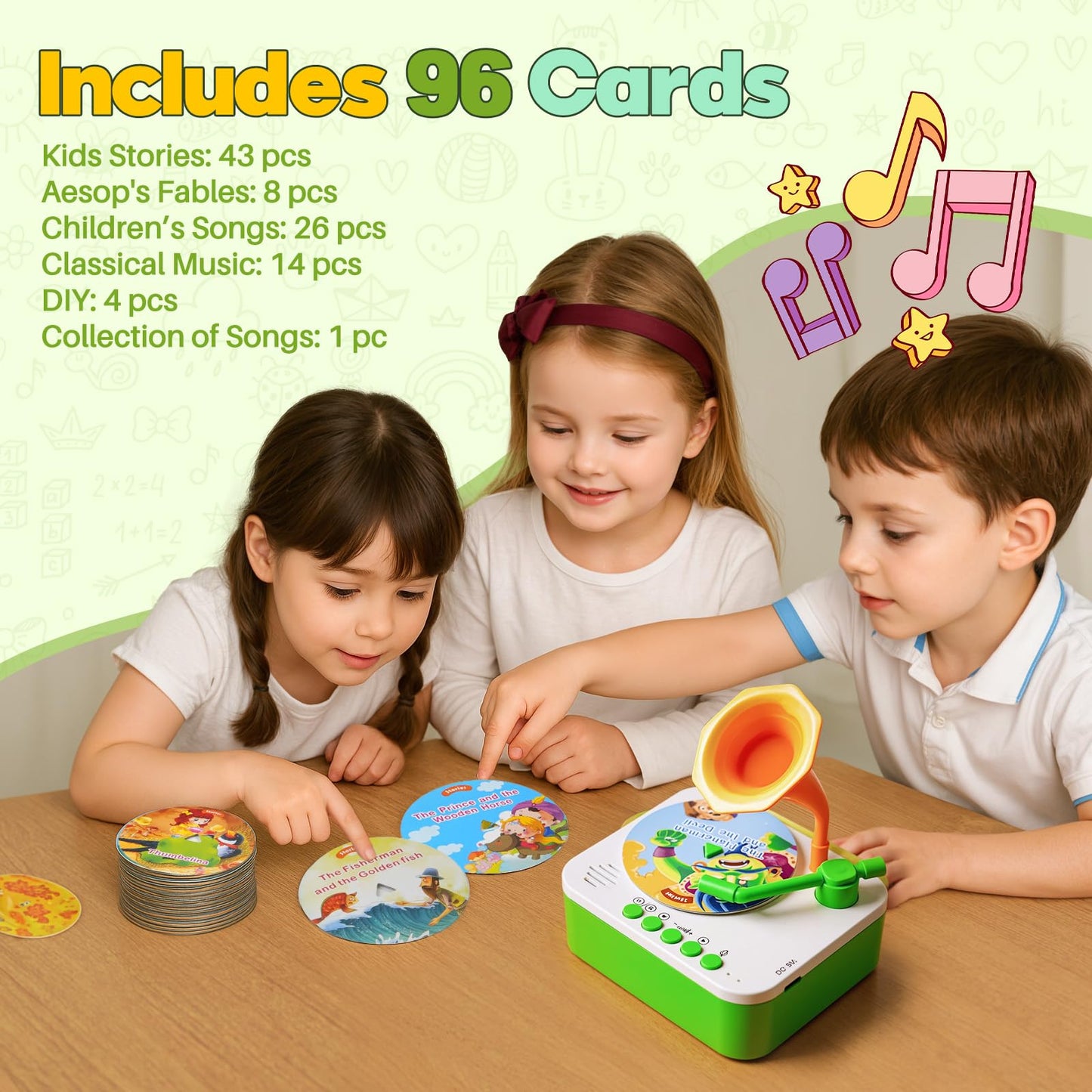 yimido Kids Phonograph Toddler Record Player with 96 Learning Cards | Portable, DIY Story Recorder & Bluetooth Speaker
