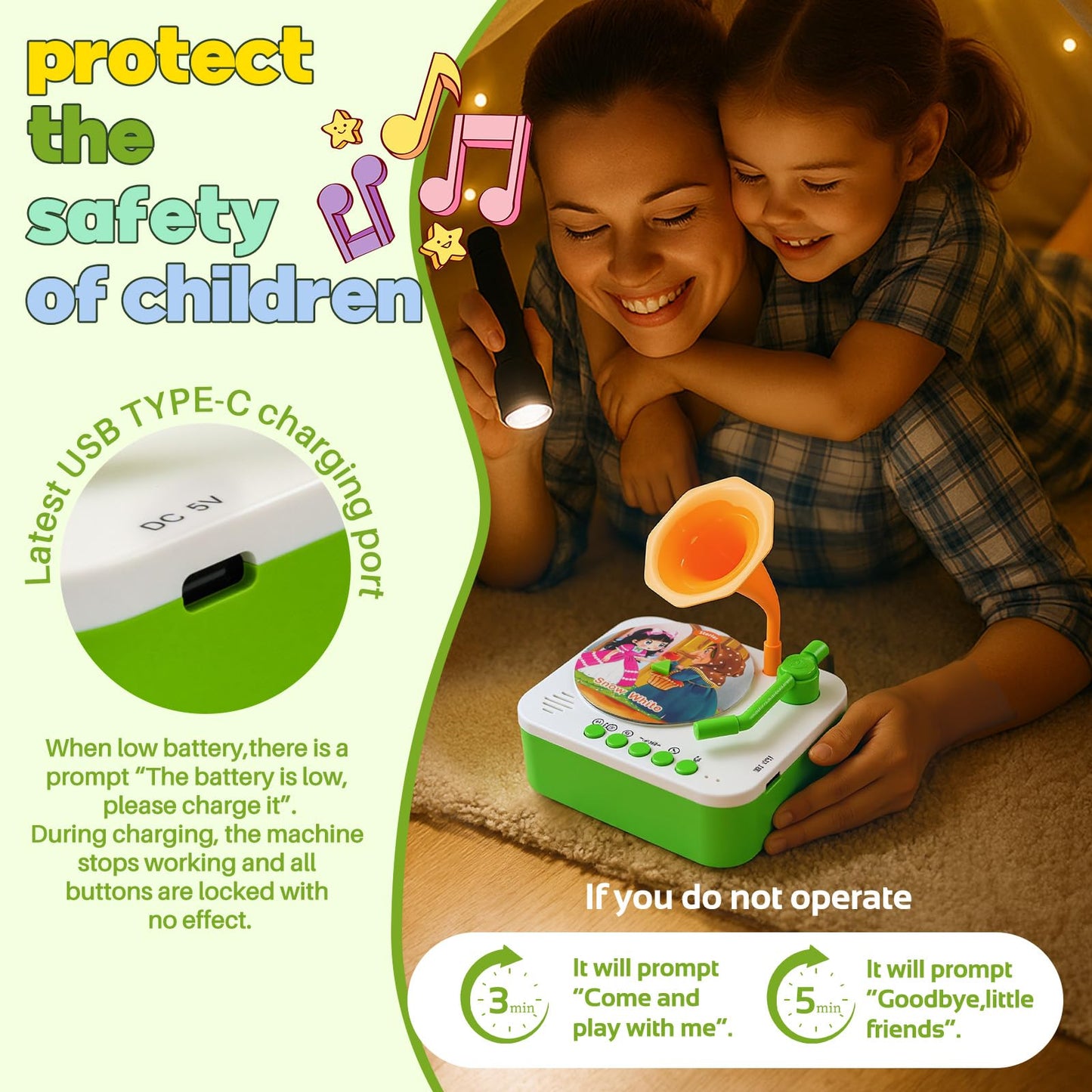 yimido Kids Phonograph Toddler Record Player with 96 Learning Cards | Portable, DIY Story Recorder & Bluetooth Speaker