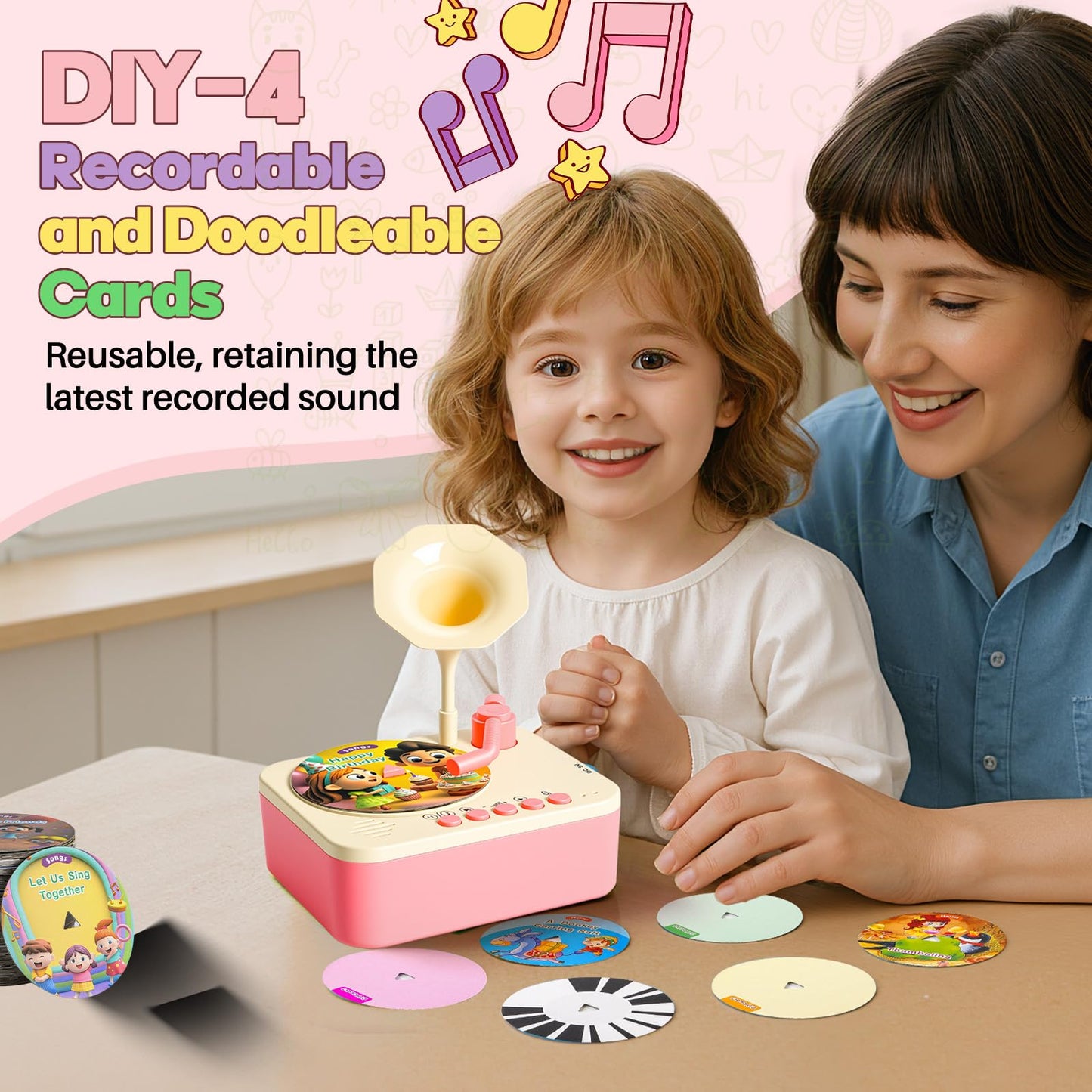 yimido Kids Phonograph Toddler Record Player – 96 Learning Cards, Portable Storyteller & DIY Recorder