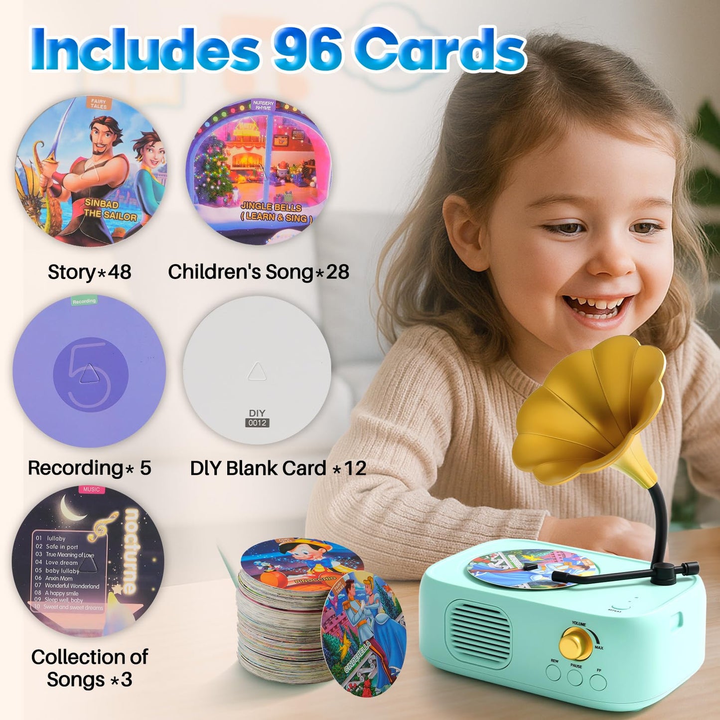 Yimido Kids Phonograph Toddler Record Player with 96 Learning Cards