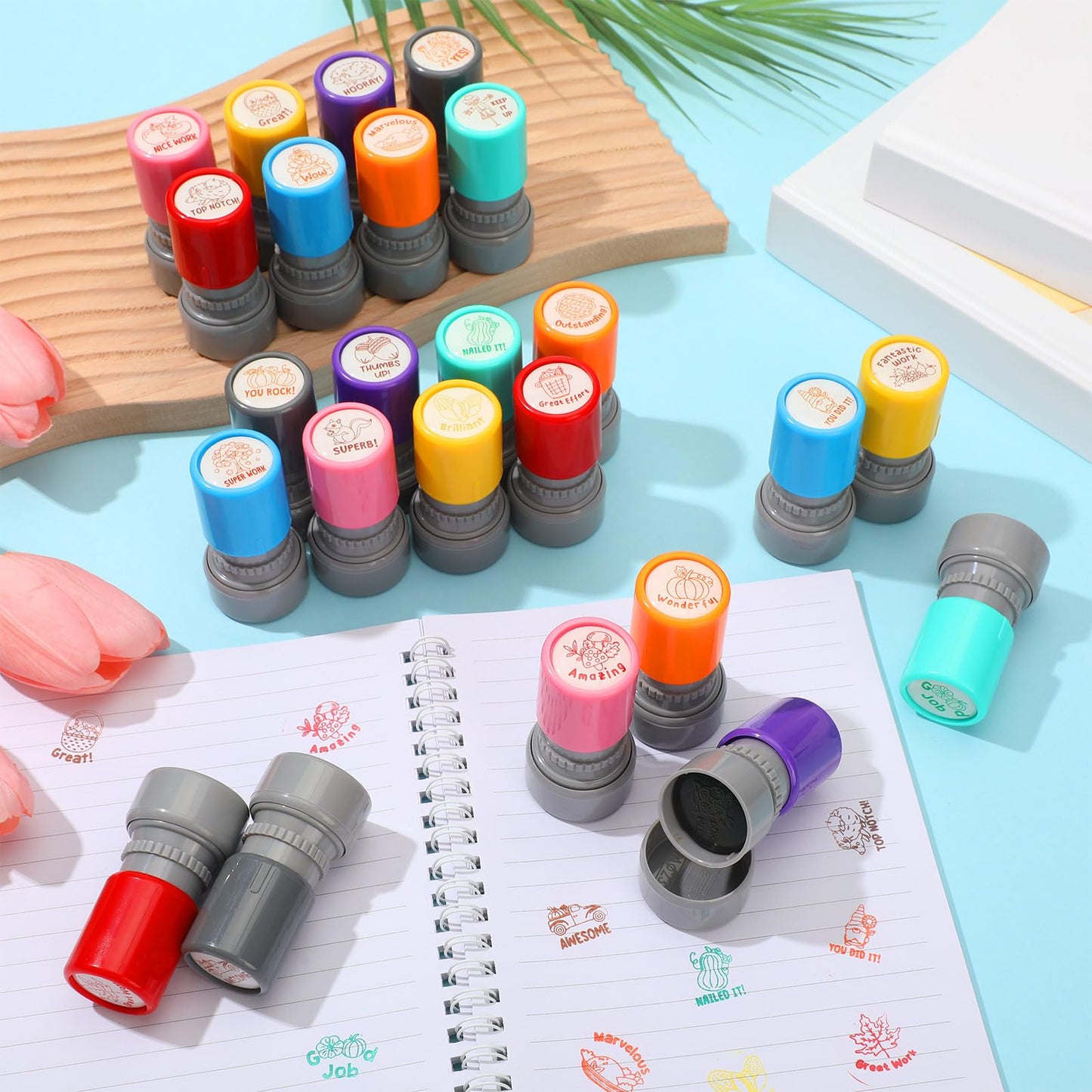 Yinder 24 Pcs Teacher Stamps – Self-Inking Fall Classroom Set for Praise & Rewards