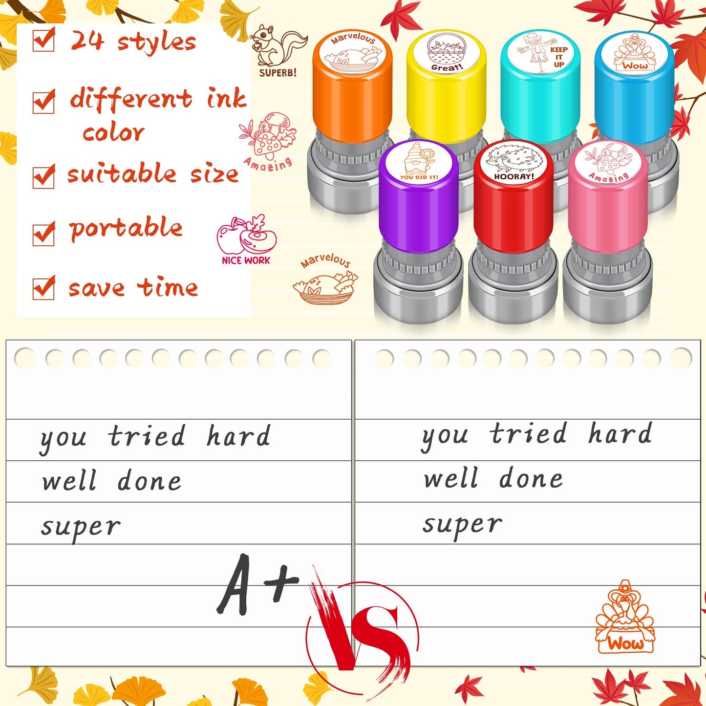 Yinder 24 Pcs Teacher Stamps – Self-Inking Fall Classroom Set for Praise & Rewards