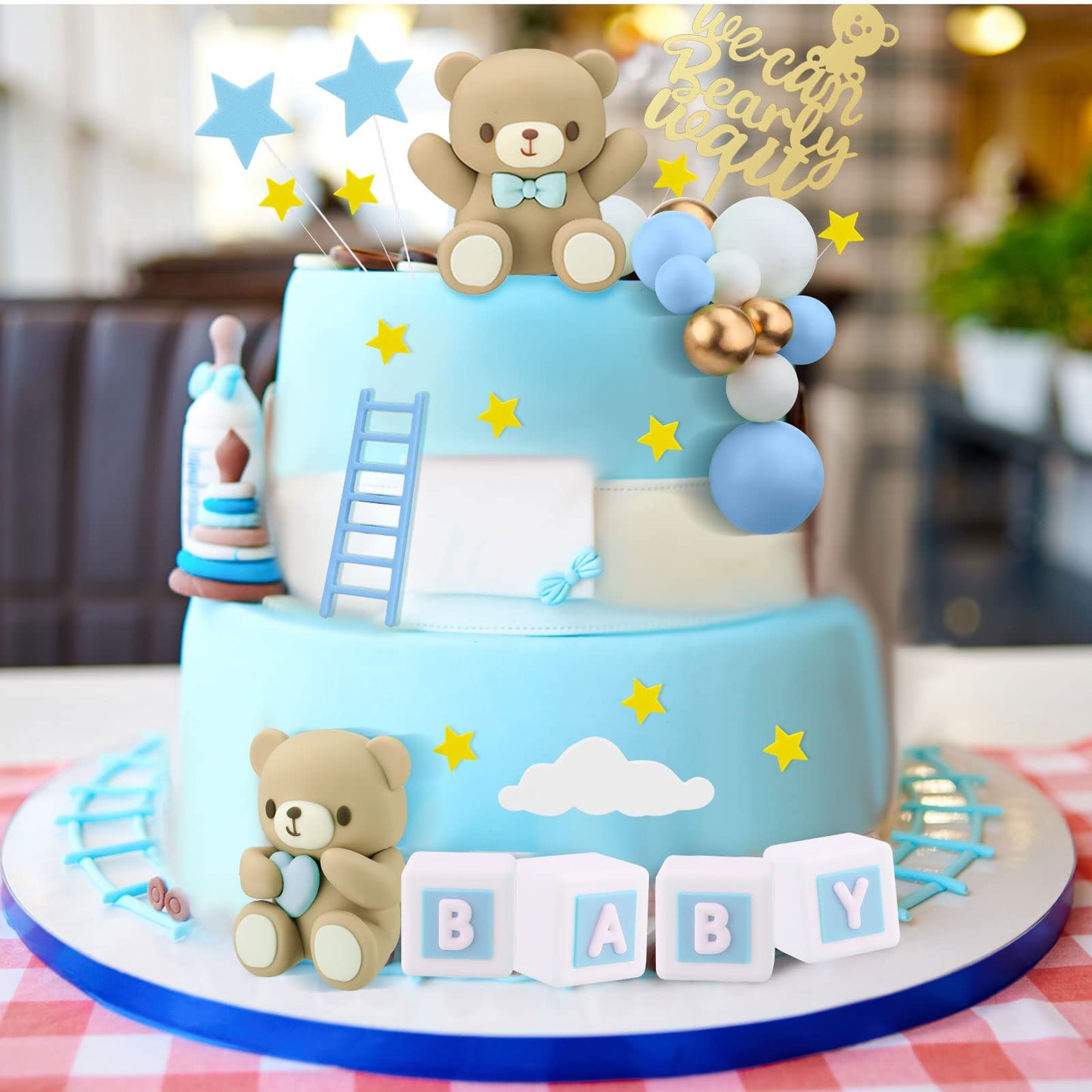 Yinder Bear Cake Toppers – Mini Bear Decorations with Blue Bow, Gold & White Pearl Balls