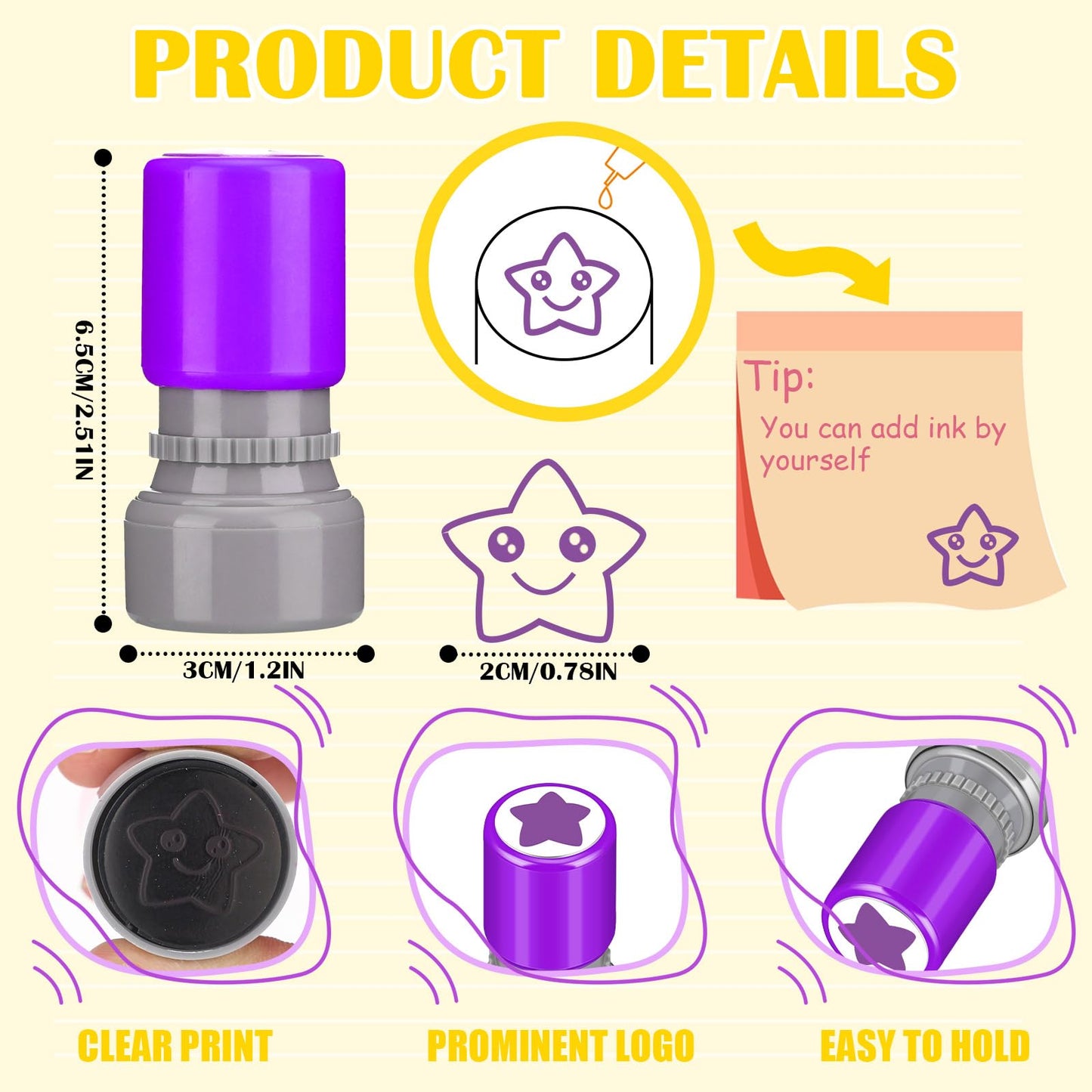 Yinder 24 Pcs Teacher Stamps – Self Inking Classroom Set, Colorful Star Designs