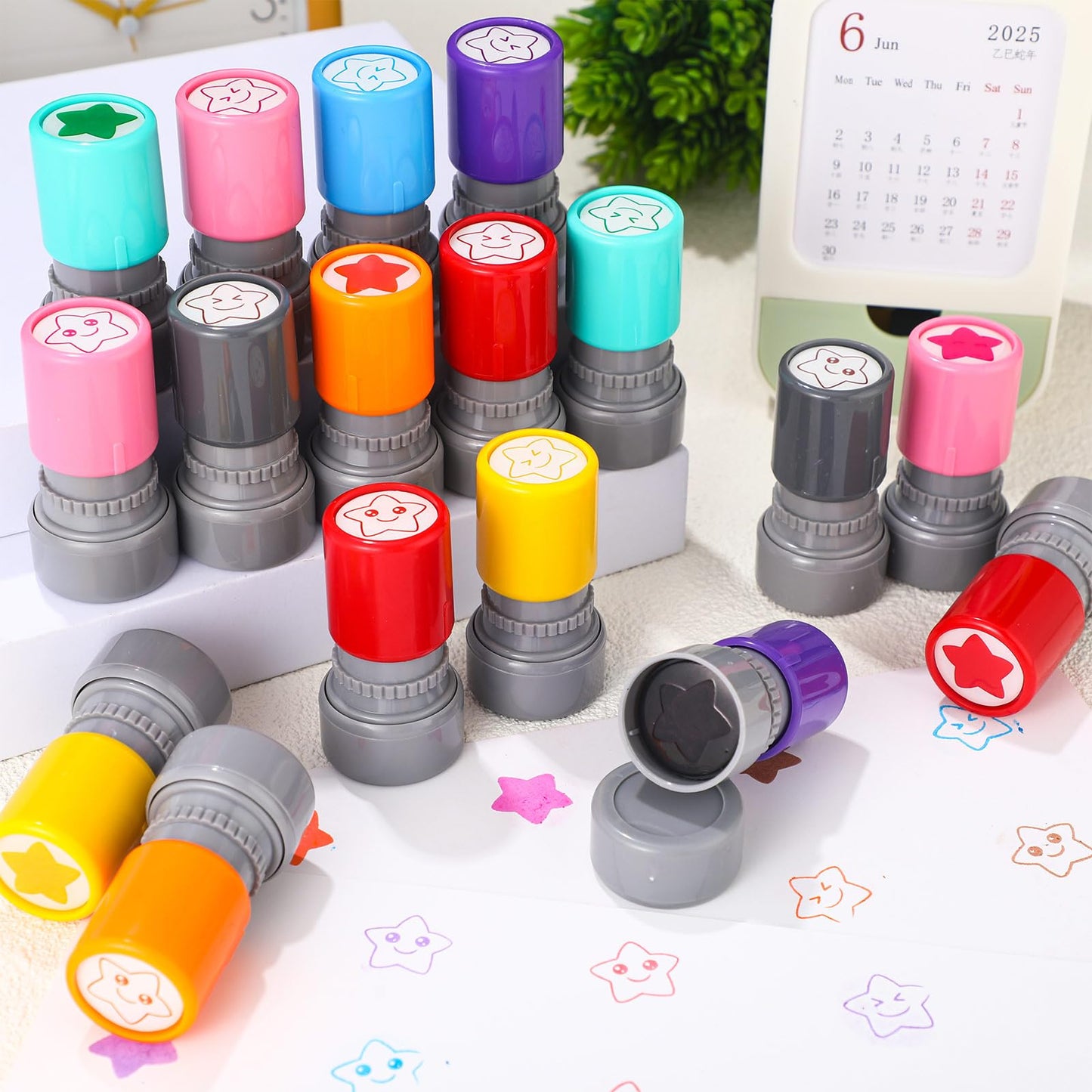 Yinder 24 Pcs Teacher Stamps – Self Inking Classroom Set, Colorful Star Designs