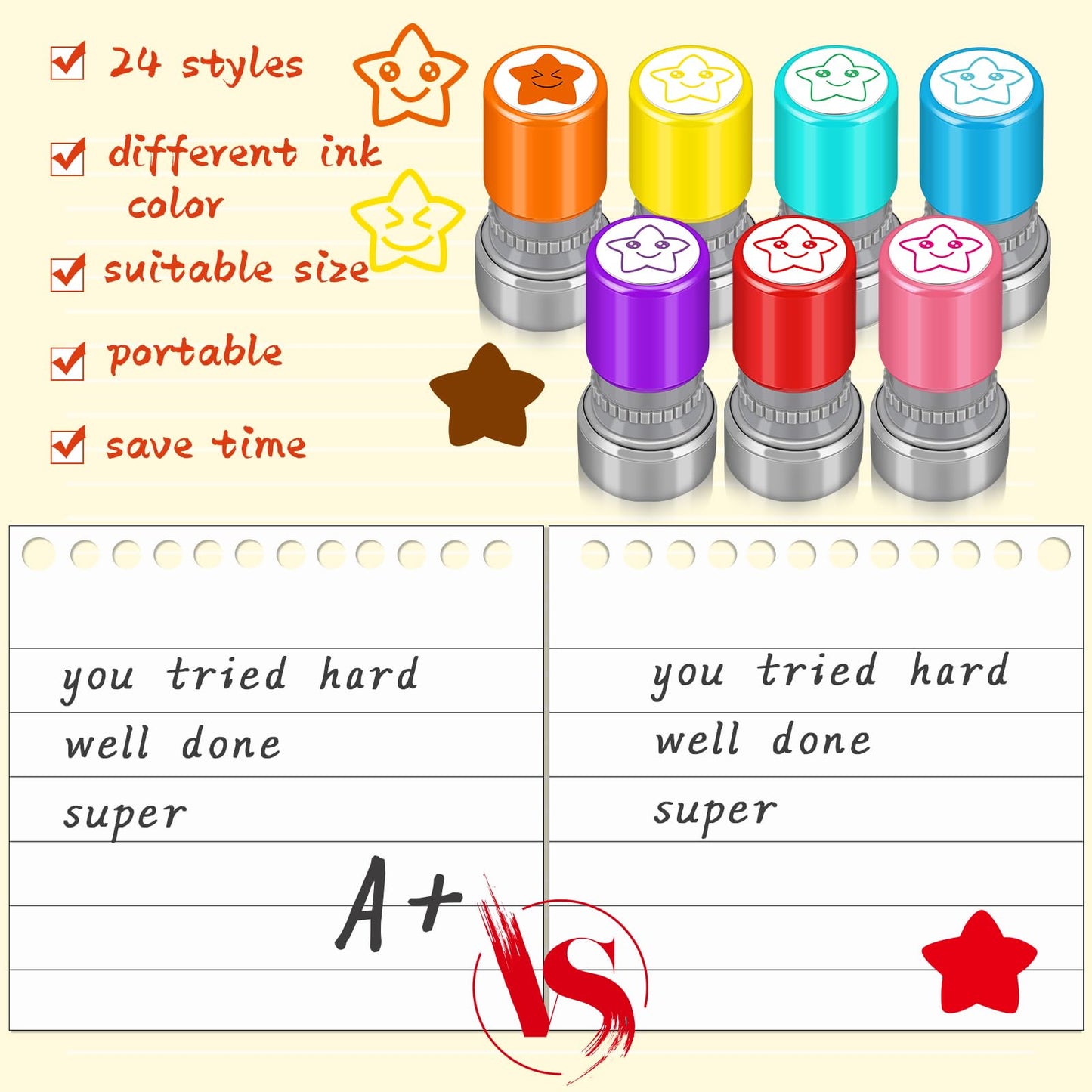 Yinder 24 Pcs Teacher Stamps – Self Inking Classroom Set, Colorful Star Designs