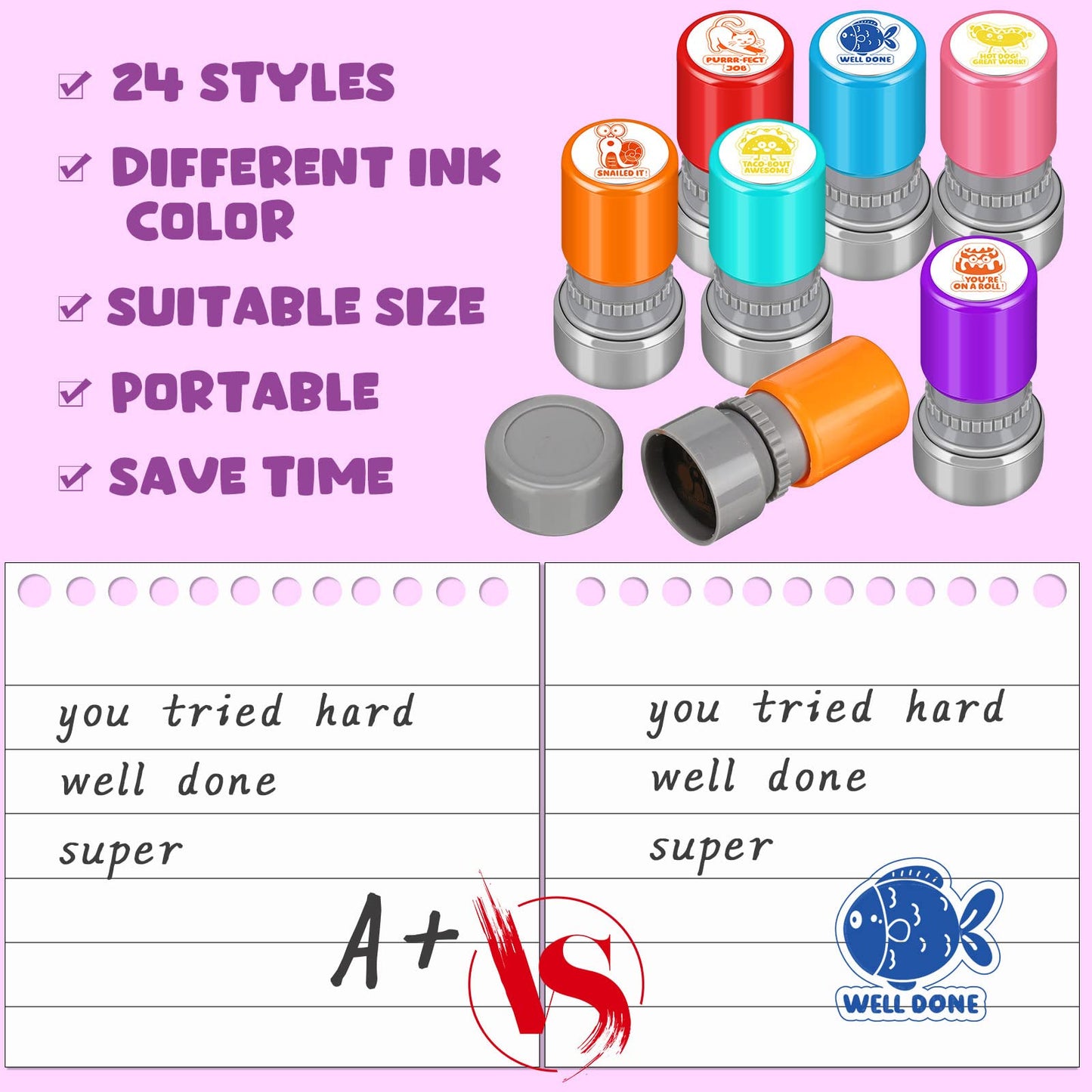 Yinder 24 Pcs Teacher Stamps Set – Self-Inking Classroom Motivational Designs