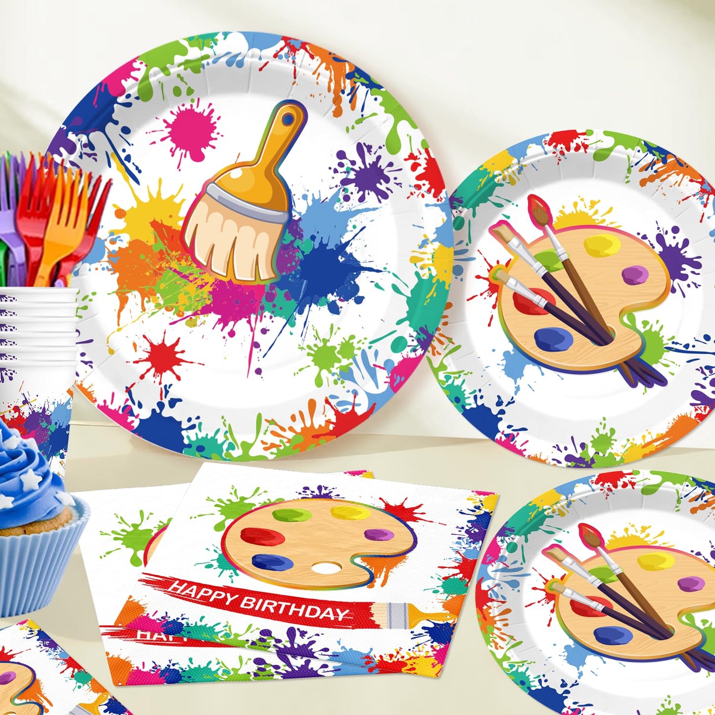 Yingoto 200pc Paint Party Decorations – Disposable Tableware & 2 Tablecloths