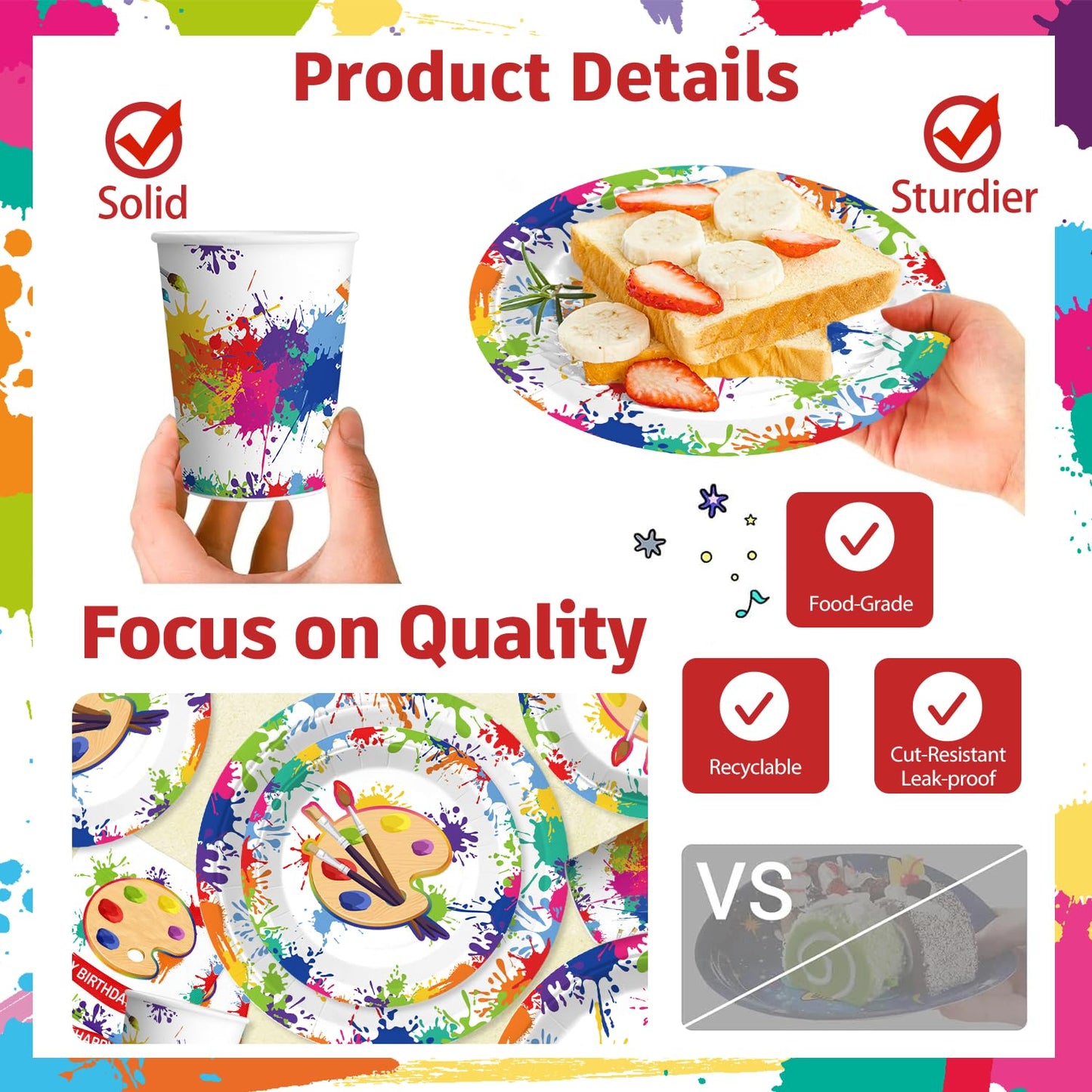 Yingoto 200pc Paint Party Decorations – Disposable Tableware & 2 Tablecloths