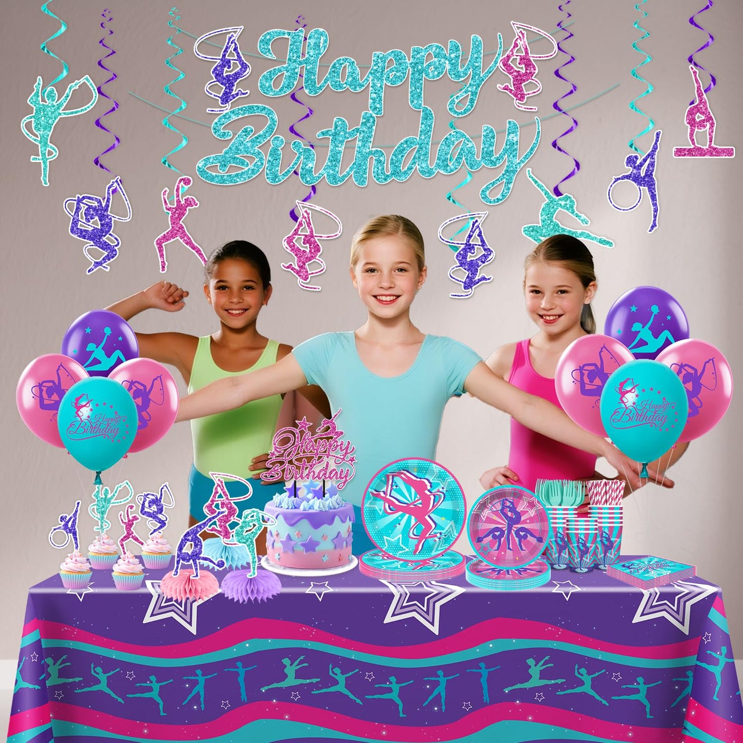 Yingoto 170 PCS Gymnastics Birthday Party Decorations for 20 Guests | Banner, Balloons, Cake Topper, Plates & Napkins