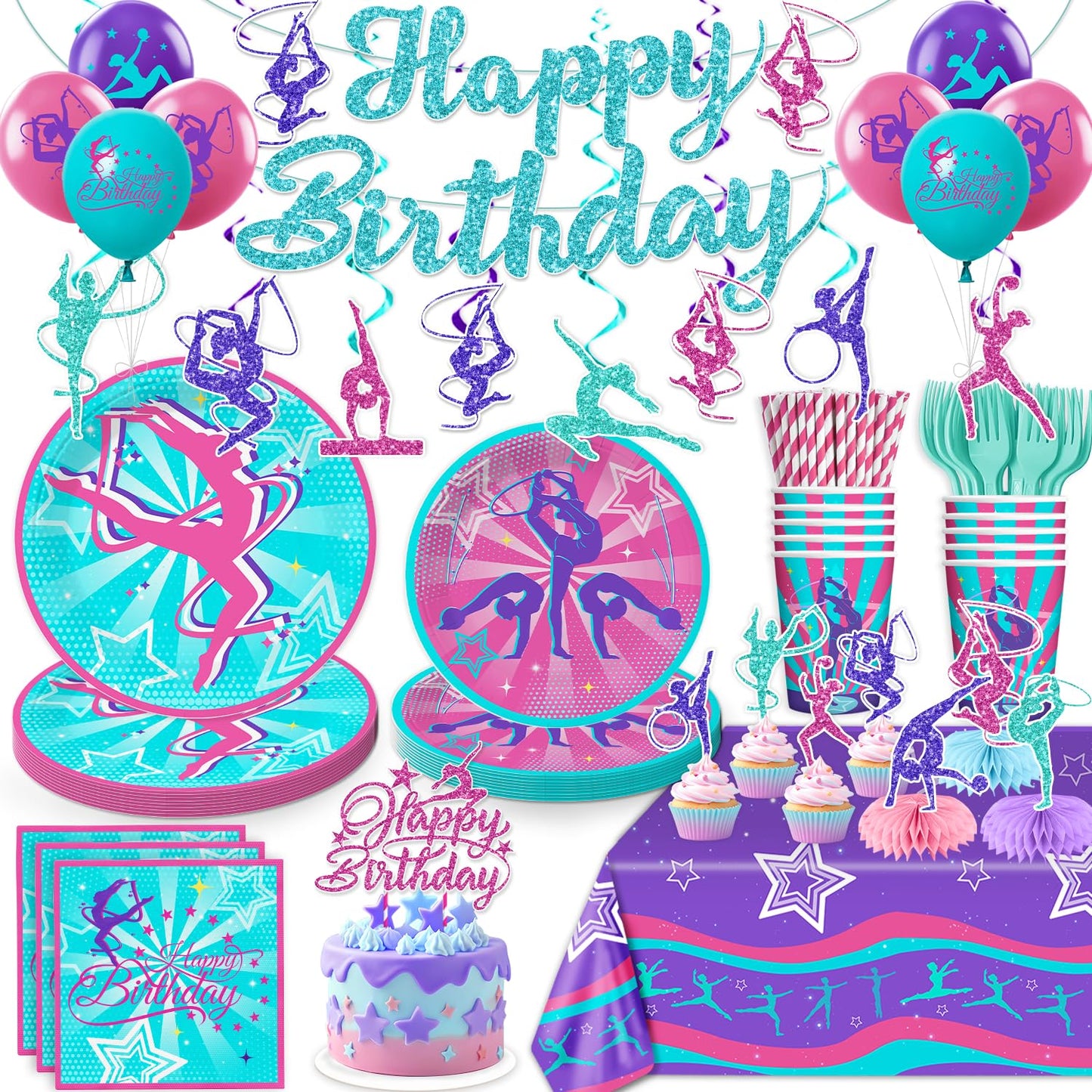 Yingoto 170 PCS Gymnastics Birthday Party Decorations for 20 Guests | Banner, Balloons, Cake Topper, Plates & Napkins