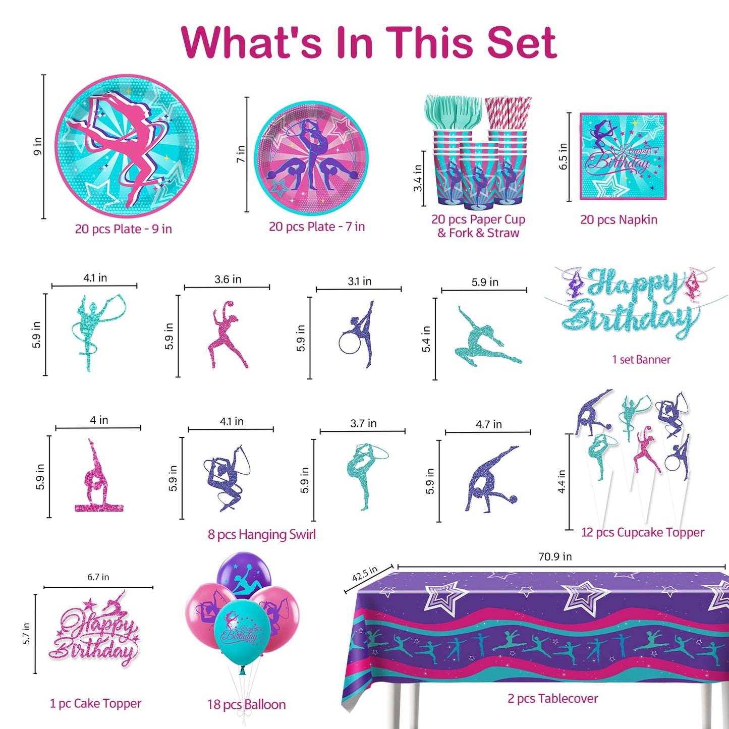 Yingoto 170 PCS Gymnastics Birthday Party Decorations for 20 Guests | Banner, Balloons, Cake Topper, Plates & Napkins