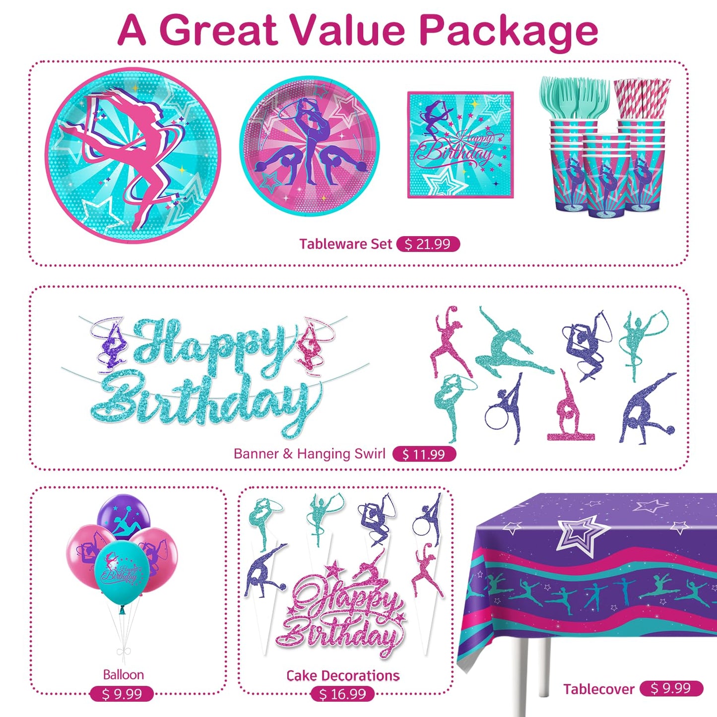 Yingoto 170 PCS Gymnastics Birthday Party Decorations for 20 Guests | Banner, Balloons, Cake Topper, Plates & Napkins