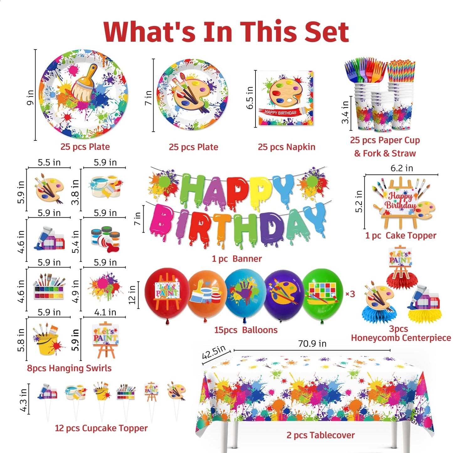 Yingoto 200pc Paint Party Decorations – Disposable Tableware & 2 Tablecloths