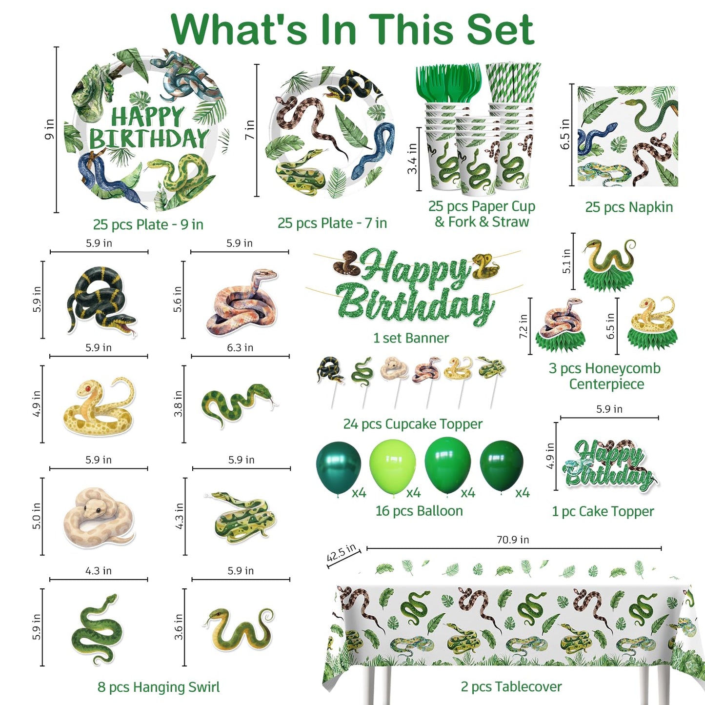 Yingoto Snake Party Decorations – Jungle Reptile Birthday Banner, Tableware & Cake Topper Set