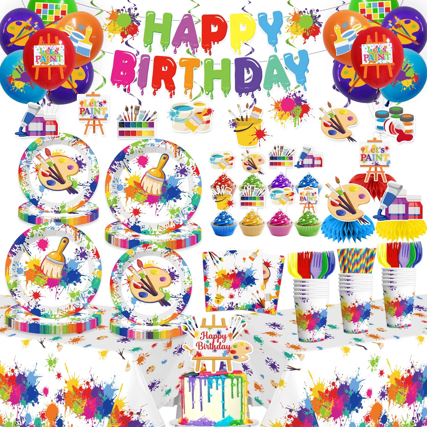 Yingoto 200pc Paint Party Decorations – Disposable Tableware & 2 Tablecloths