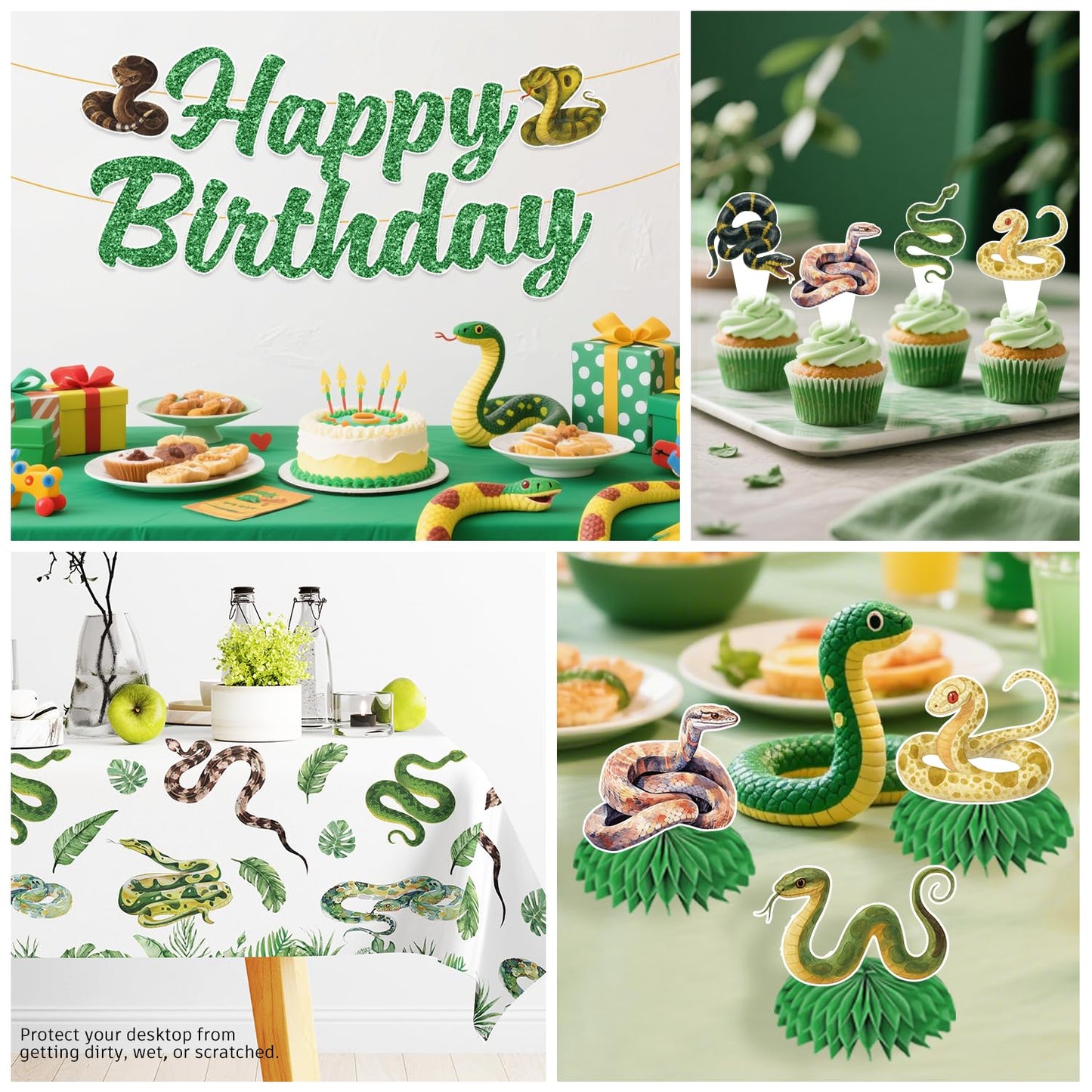 Yingoto Snake Party Decorations – Jungle Reptile Birthday Banner, Tableware & Cake Topper Set