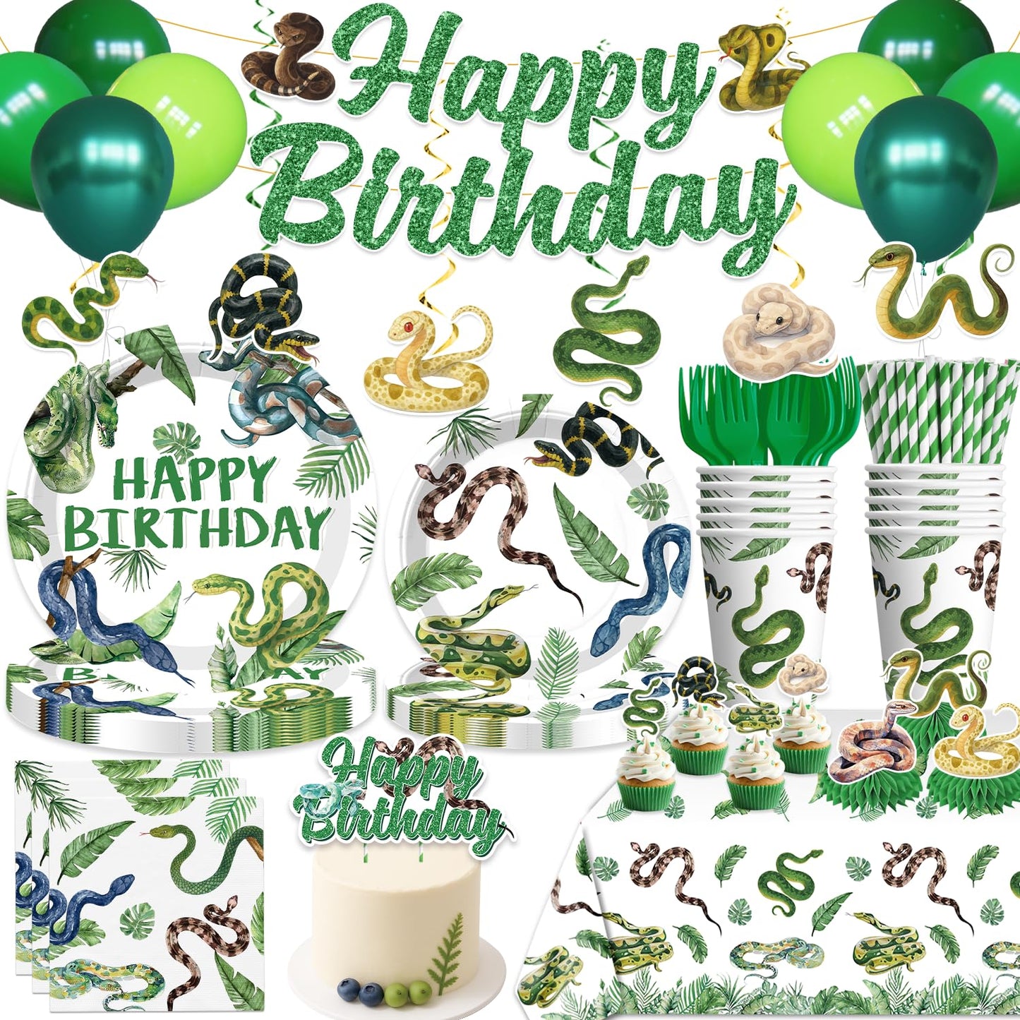 Yingoto Snake Party Decorations – Jungle Reptile Birthday Banner, Tableware & Cake Topper Set