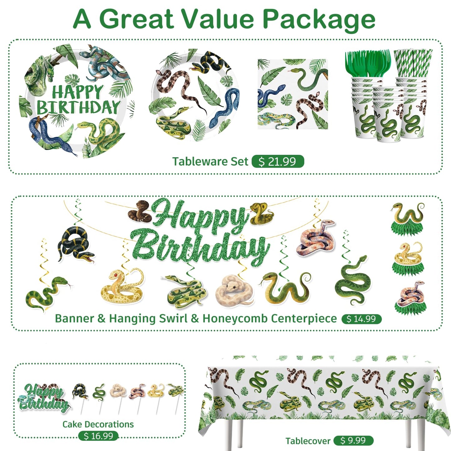 Yingoto Snake Party Decorations – Jungle Reptile Birthday Banner, Tableware & Cake Topper Set