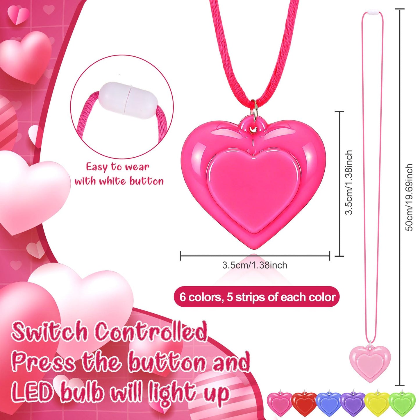 Yinkin 30 Pcs Valentine's Day Light Up Necklaces — Colorful LED Heart Necklaces for Parties & Gifts