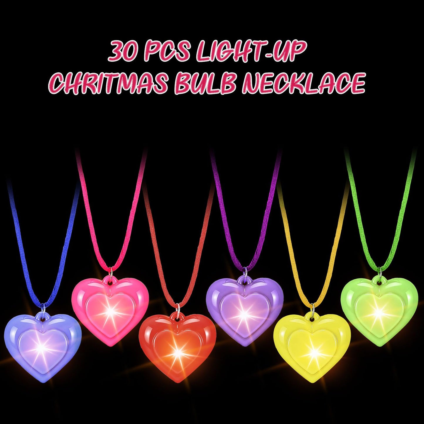 Yinkin 30 Pcs Valentine's Day Light Up Necklaces — Colorful LED Heart Necklaces for Parties & Gifts