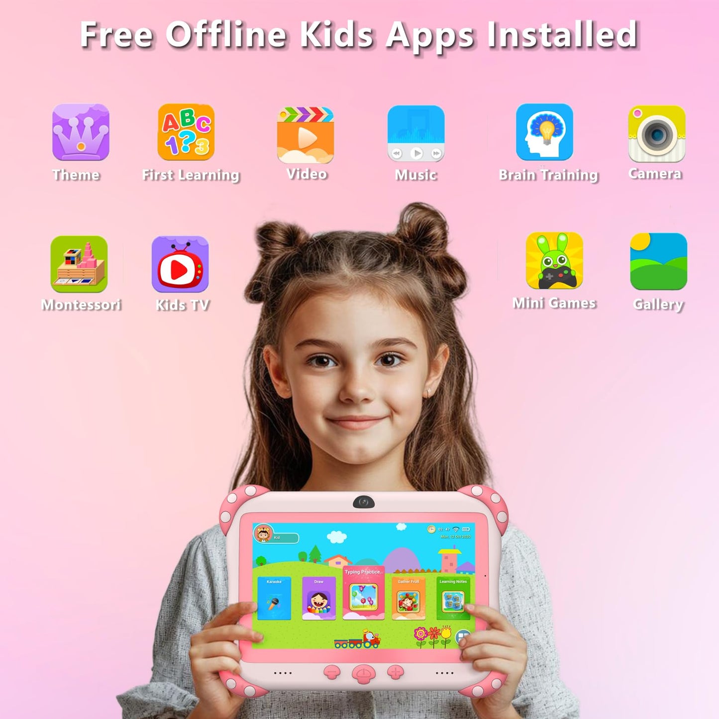 YINOCHE Kids Tablet 7-Inch for Kids with Parental Control, 32GB, Android 11 – Pink