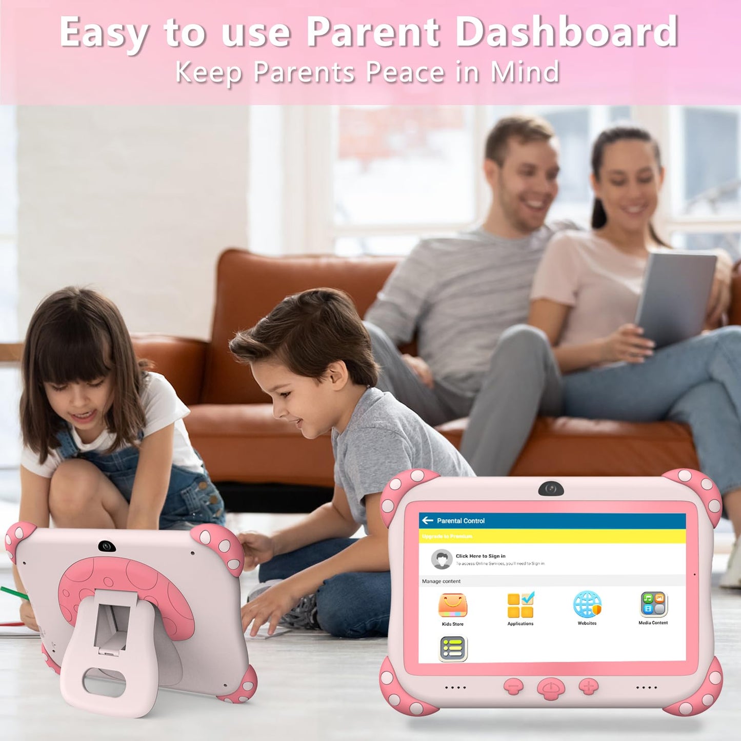 YINOCHE Kids Tablet 7-Inch for Kids with Parental Control, 32GB, Android 11 – Pink
