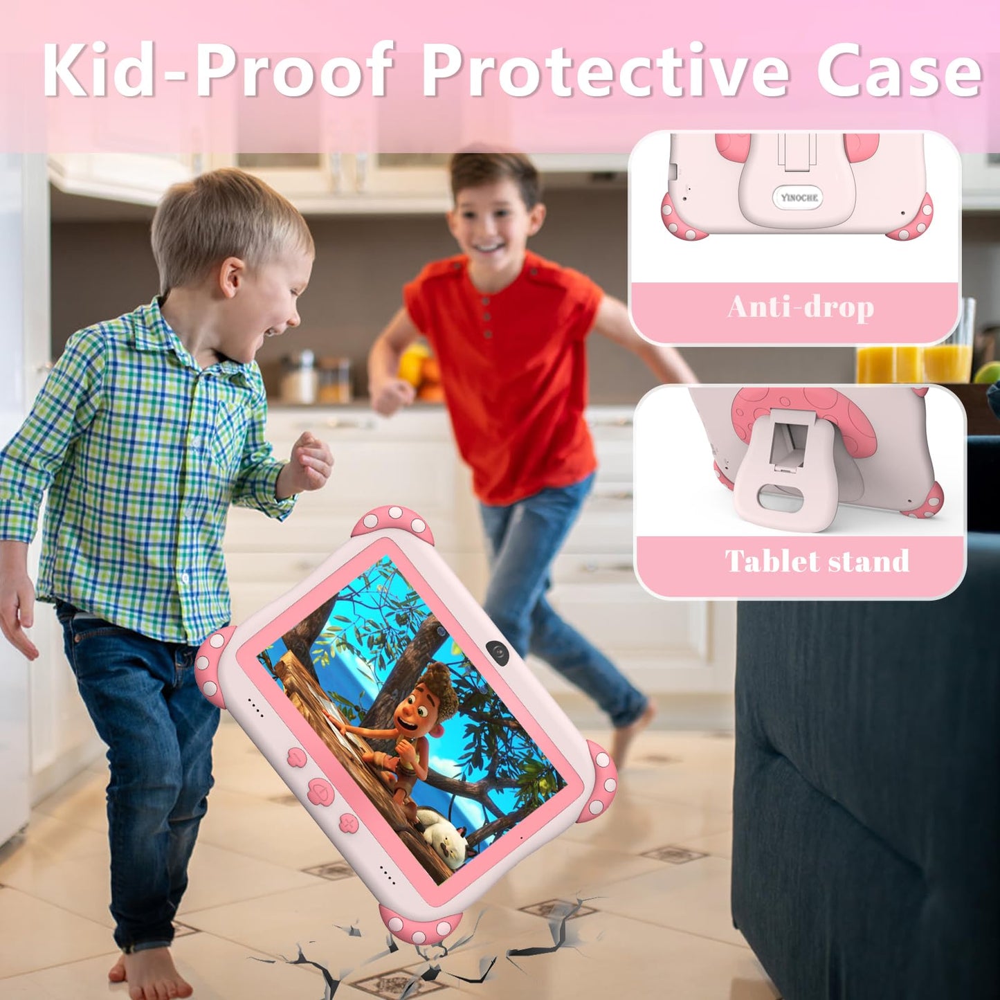 YINOCHE Kids Tablet 7-Inch for Kids with Parental Control, 32GB, Android 11 – Pink