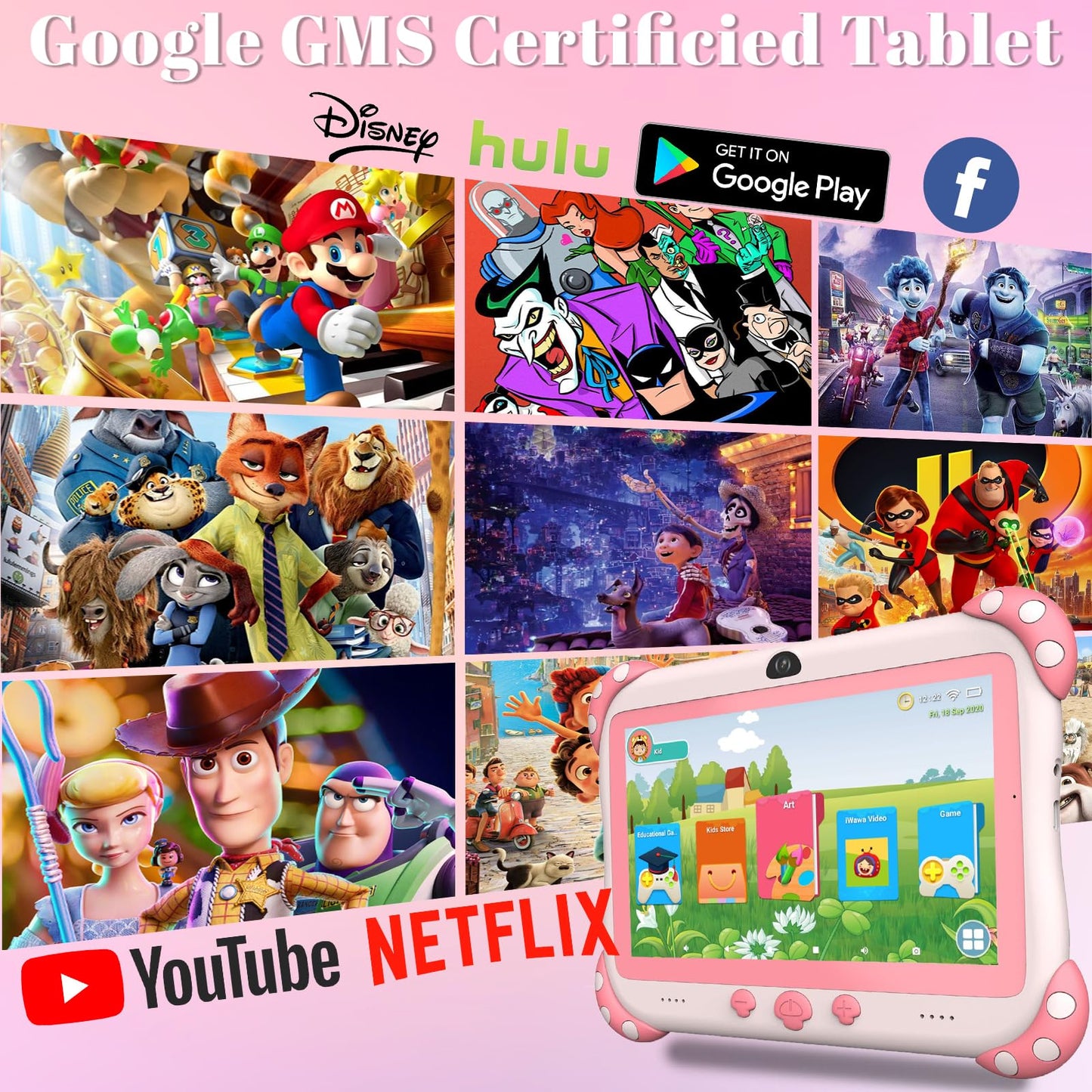 YINOCHE Kids Tablet 7-Inch for Kids with Parental Control, 32GB, Android 11 – Pink