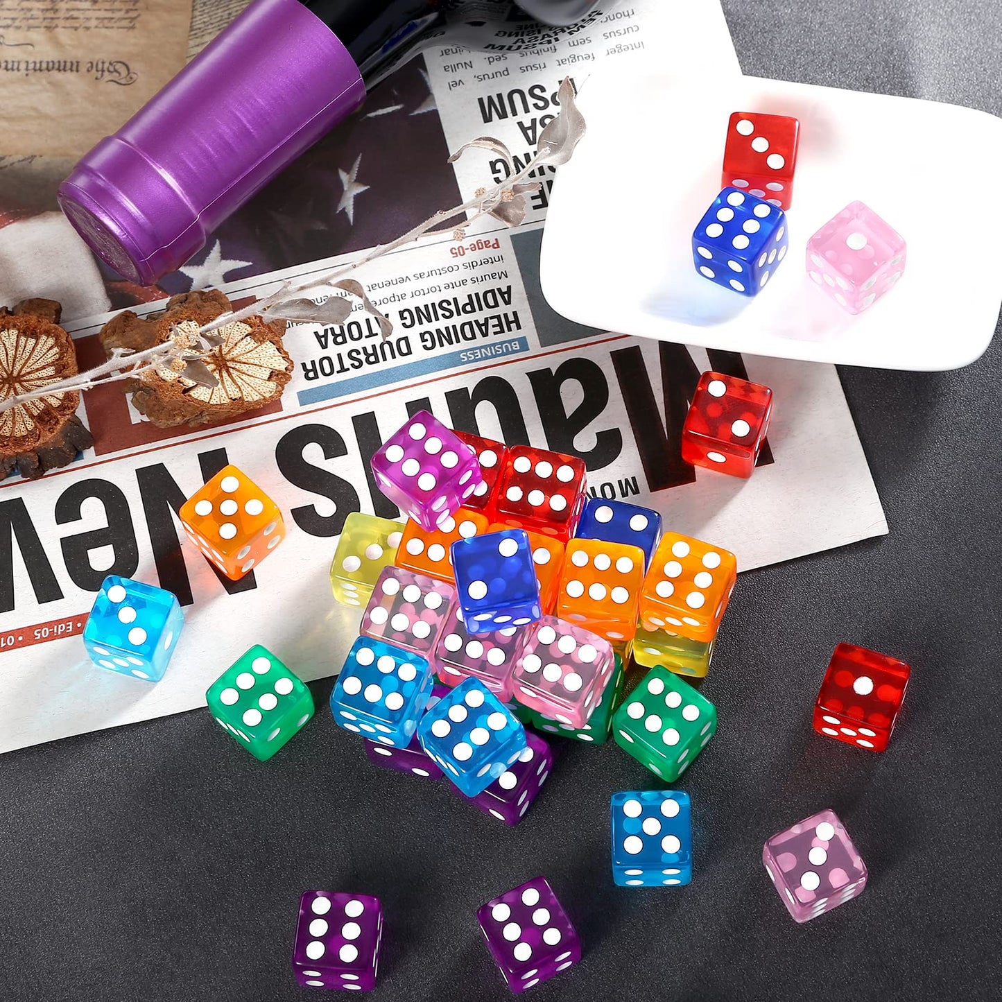 Yinsun 40-Piece 16mm Colored Dice Set — 6-Sided Transparent Dice for Games & Math