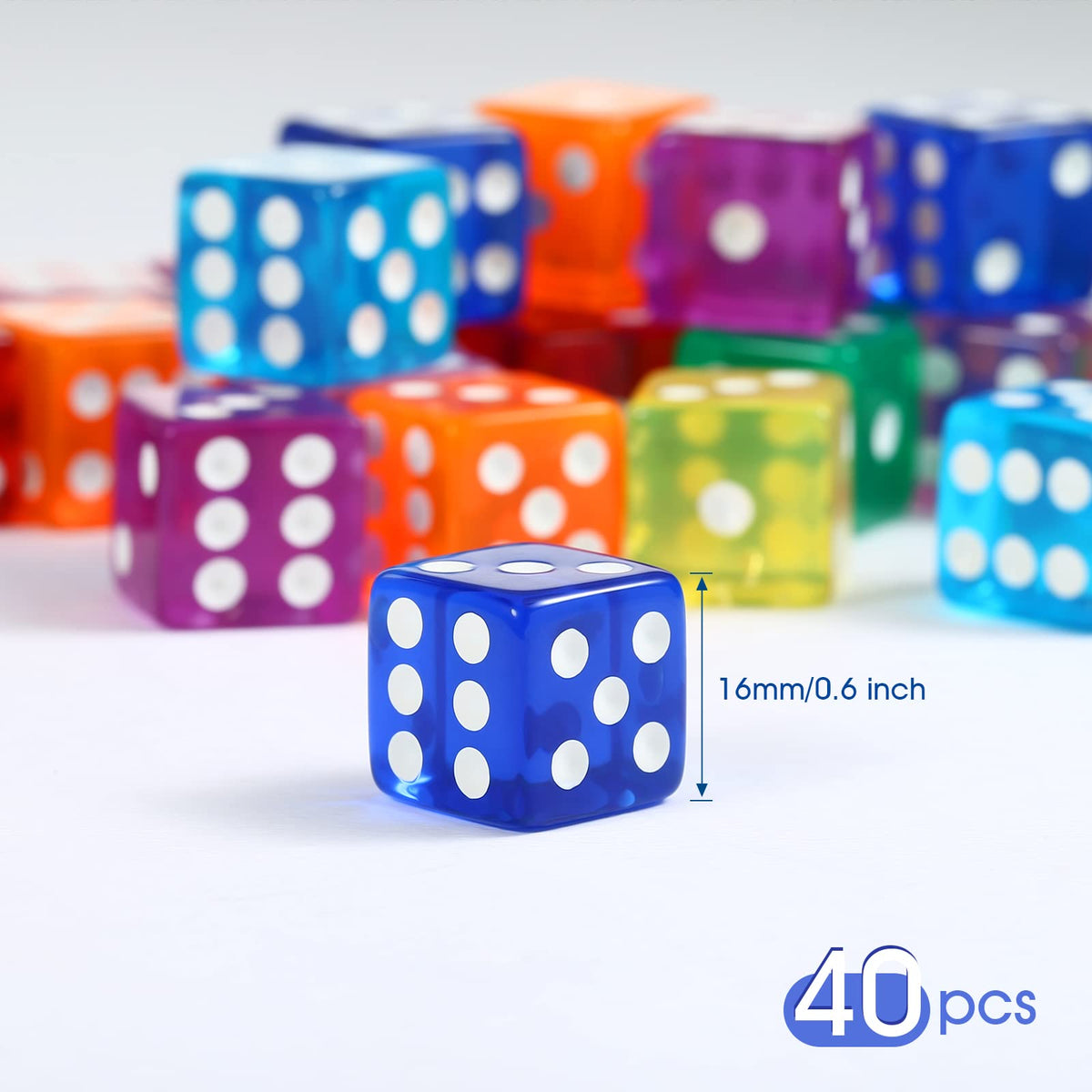 Yinsun 40-Piece 16mm Colored Dice Set — 6-Sided Transparent Dice for Games & Math