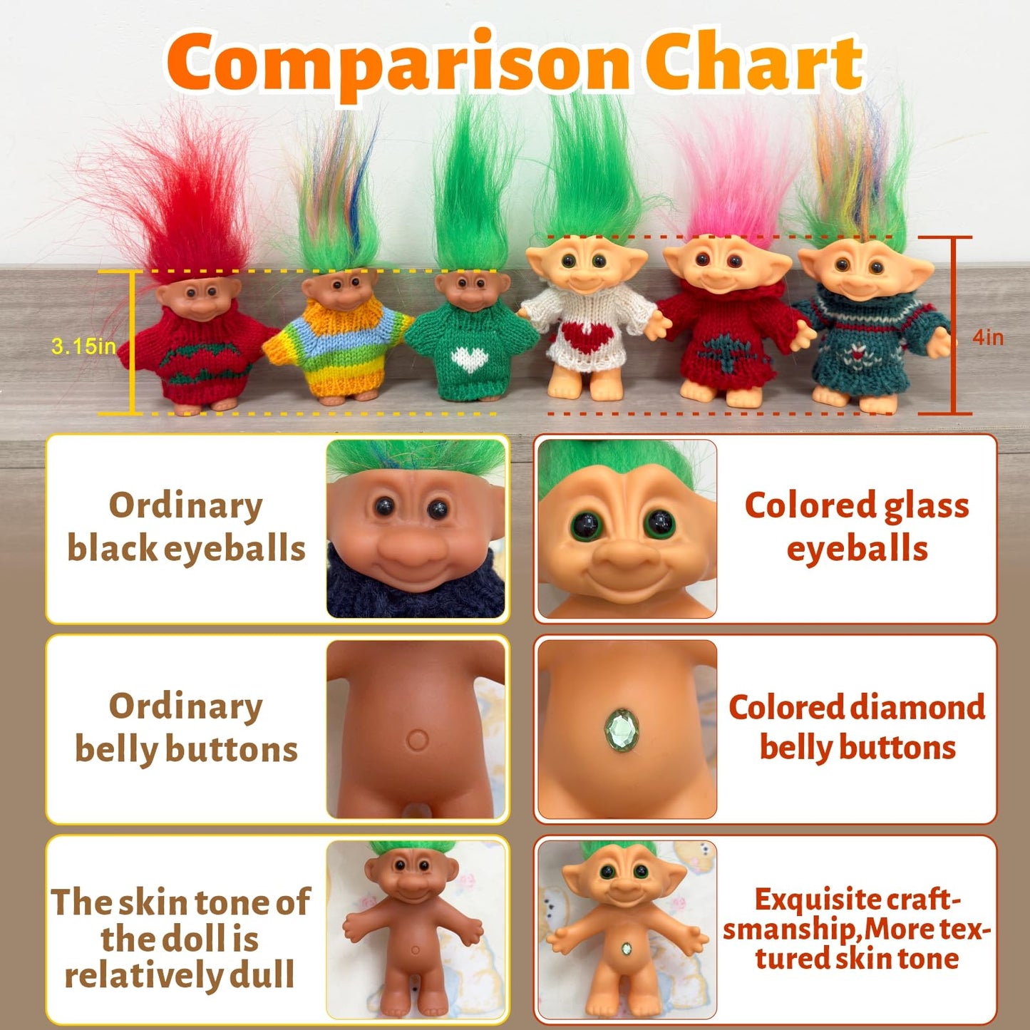 Yintlilocn Vintage Troll Dolls – Chromatic 7.5-inch Tall with Soft Hair for Collections, Crafts & Party Favors