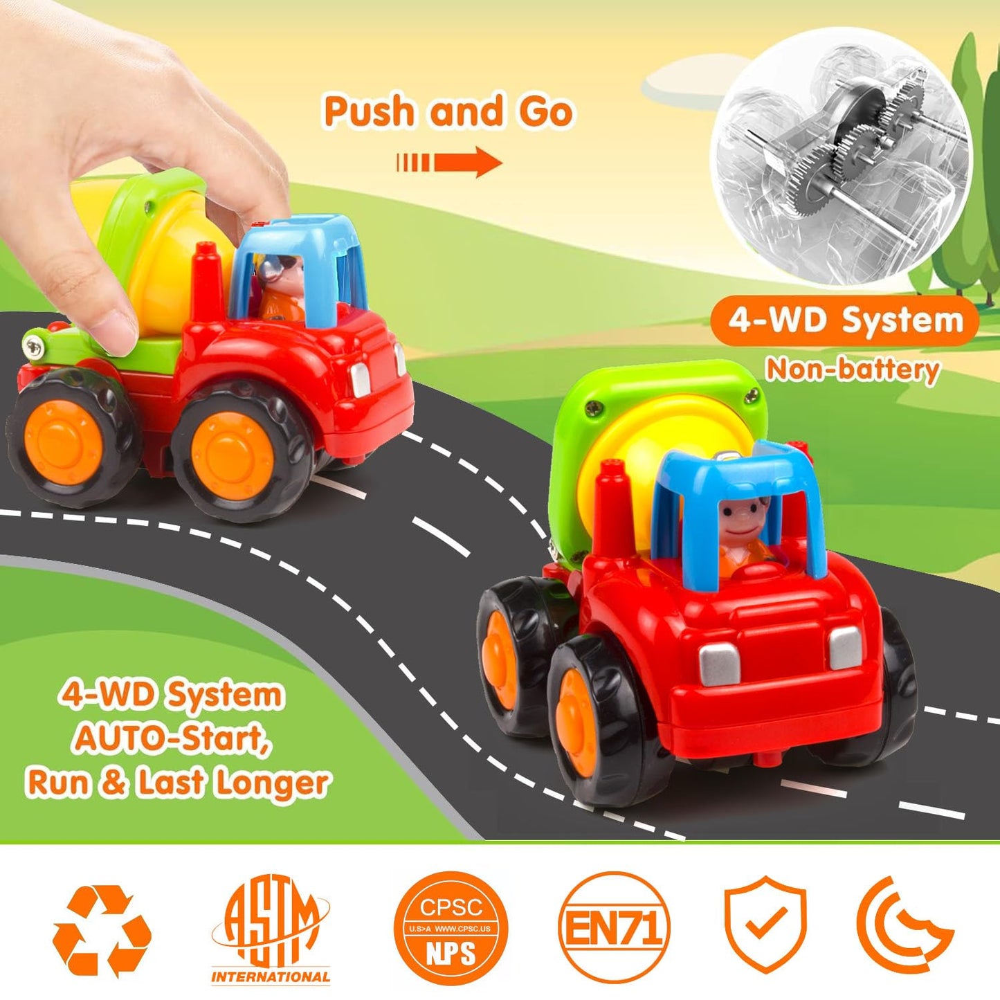 Yiosion Push and Go Friction Powered Construction Vehicles – 4 Pack Toy Set for Toddlers
