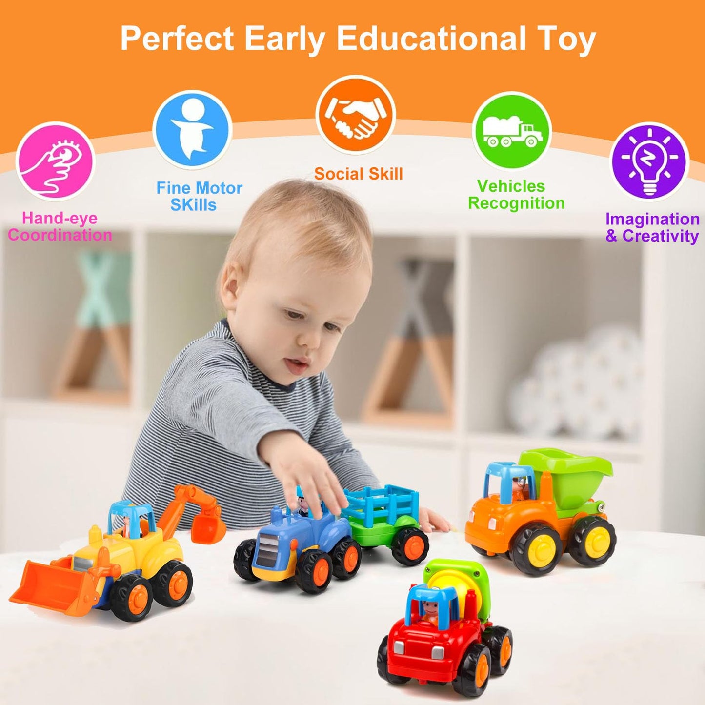 Yiosion Push and Go Friction Powered Construction Vehicles – 4 Pack Toy Set for Toddlers