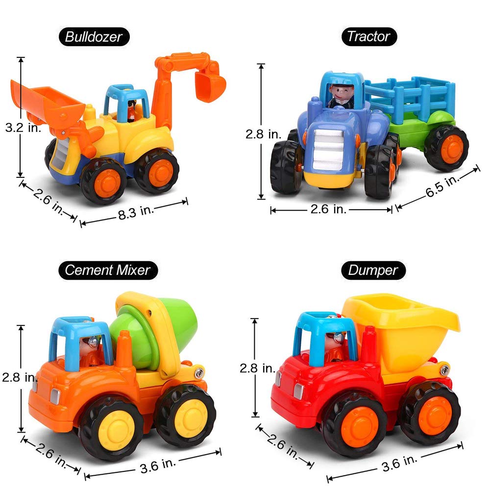 Yiosion Push and Go Friction Powered Construction Vehicles – 4 Pack Toy Set for Toddlers