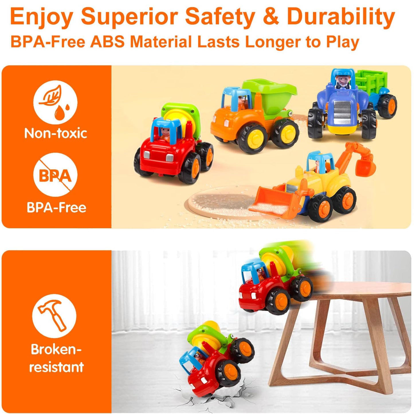 Yiosion Push and Go Friction Powered Construction Vehicles – 4 Pack Toy Set for Toddlers