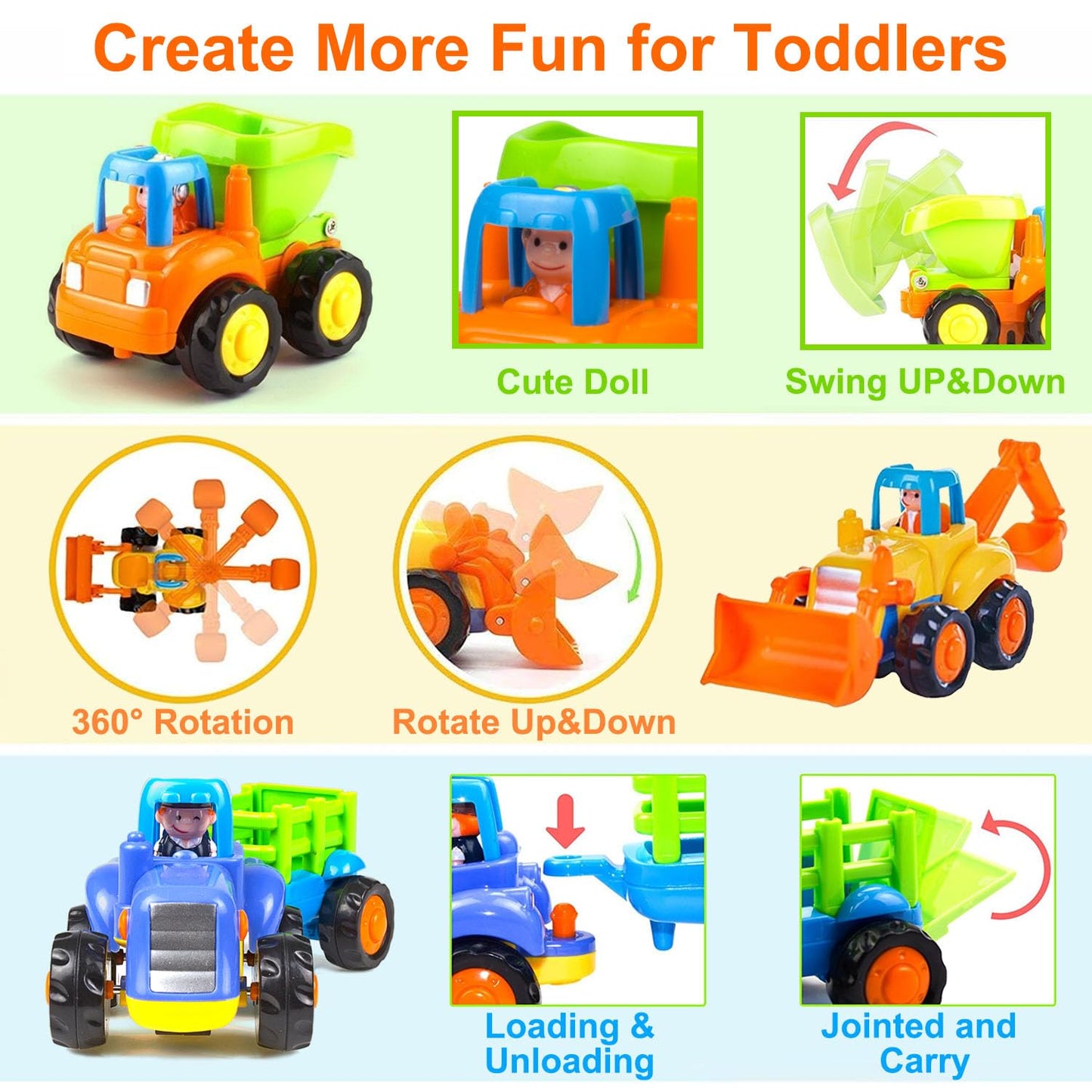 Yiosion Push and Go Friction Powered Construction Vehicles – 4 Pack Toy Set for Toddlers
