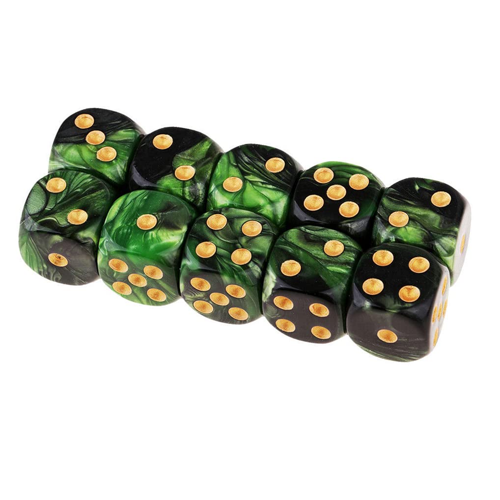 Yiotfandoll 10pcs D6 Dice 16mm Acrylic – Green & Black for RPG, MTG & DND