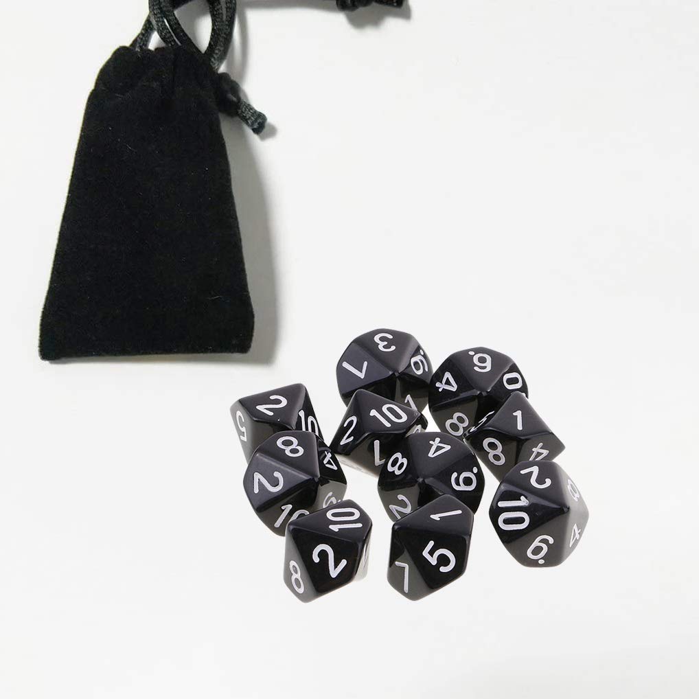 Yiotfandoll 10PCS Polyhedral D10 Dice Set - 16mm Acrylic D&D MTG RPG Table Games (Black)