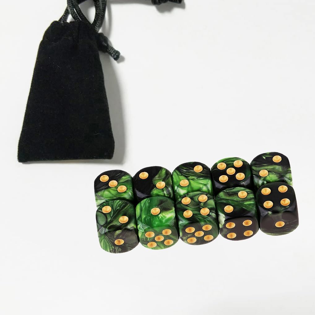 Yiotfandoll 10pcs D6 Dice 16mm Acrylic – Green & Black for RPG, MTG & DND
