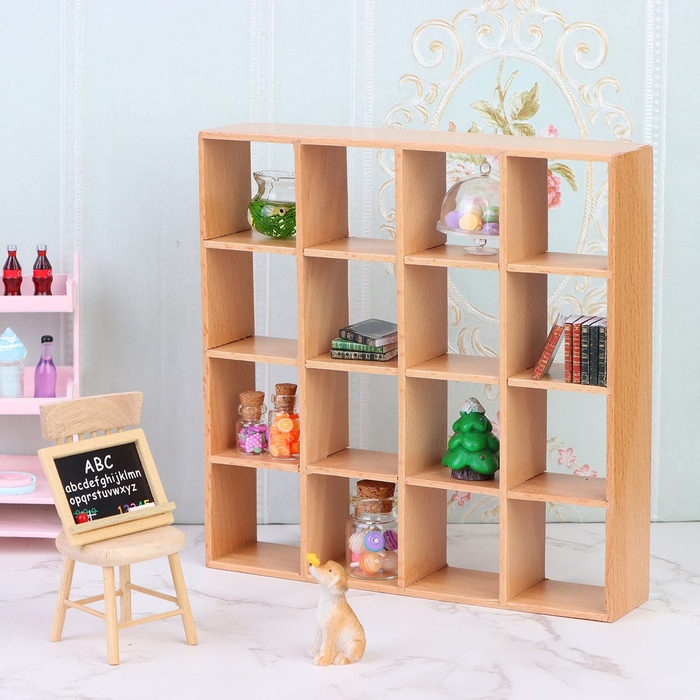 Yiphates 1:12 Dollhouse Wooden Storage Rack with 16-Grid Shelves