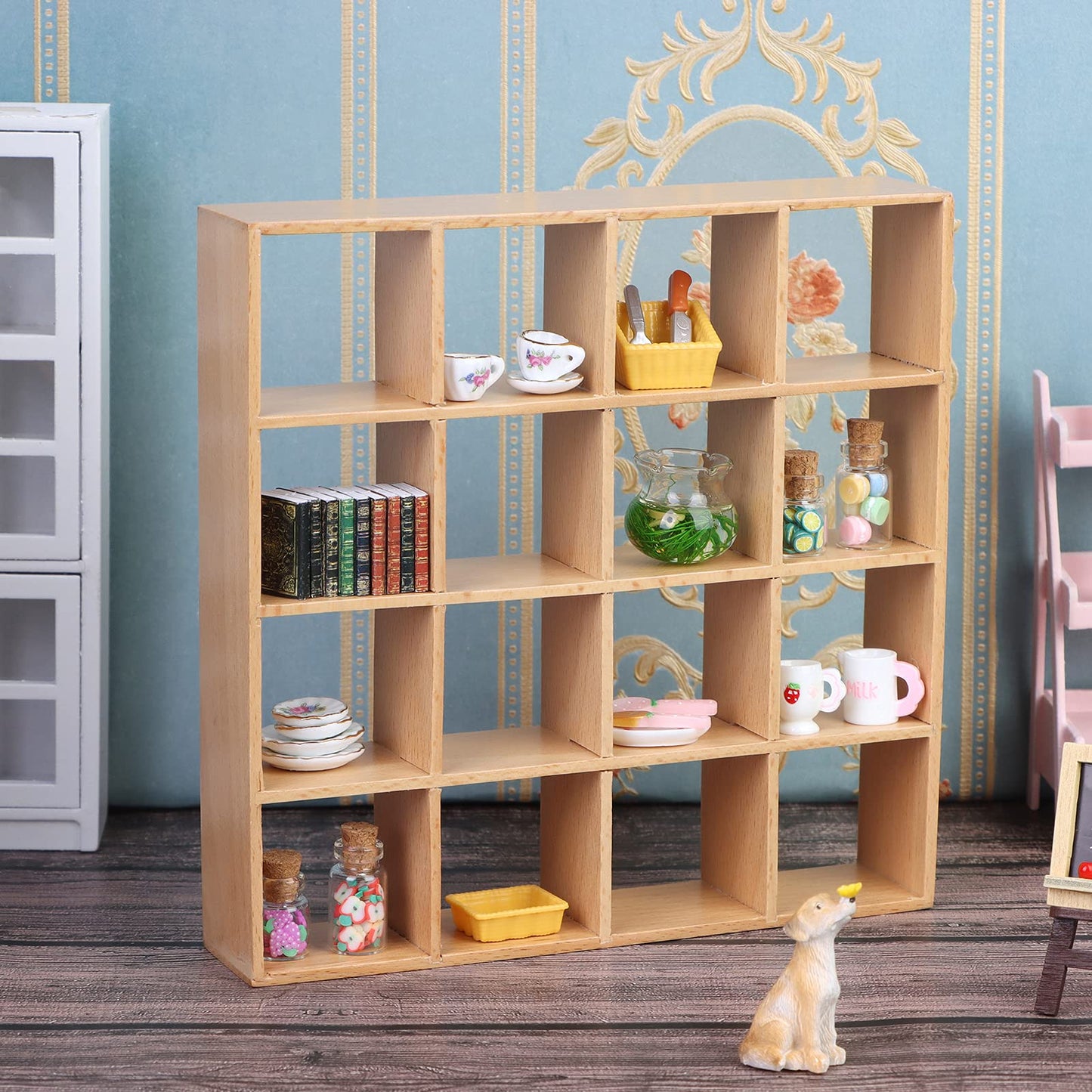 Yiphates 1:12 Dollhouse Wooden Storage Rack with 16-Grid Shelves