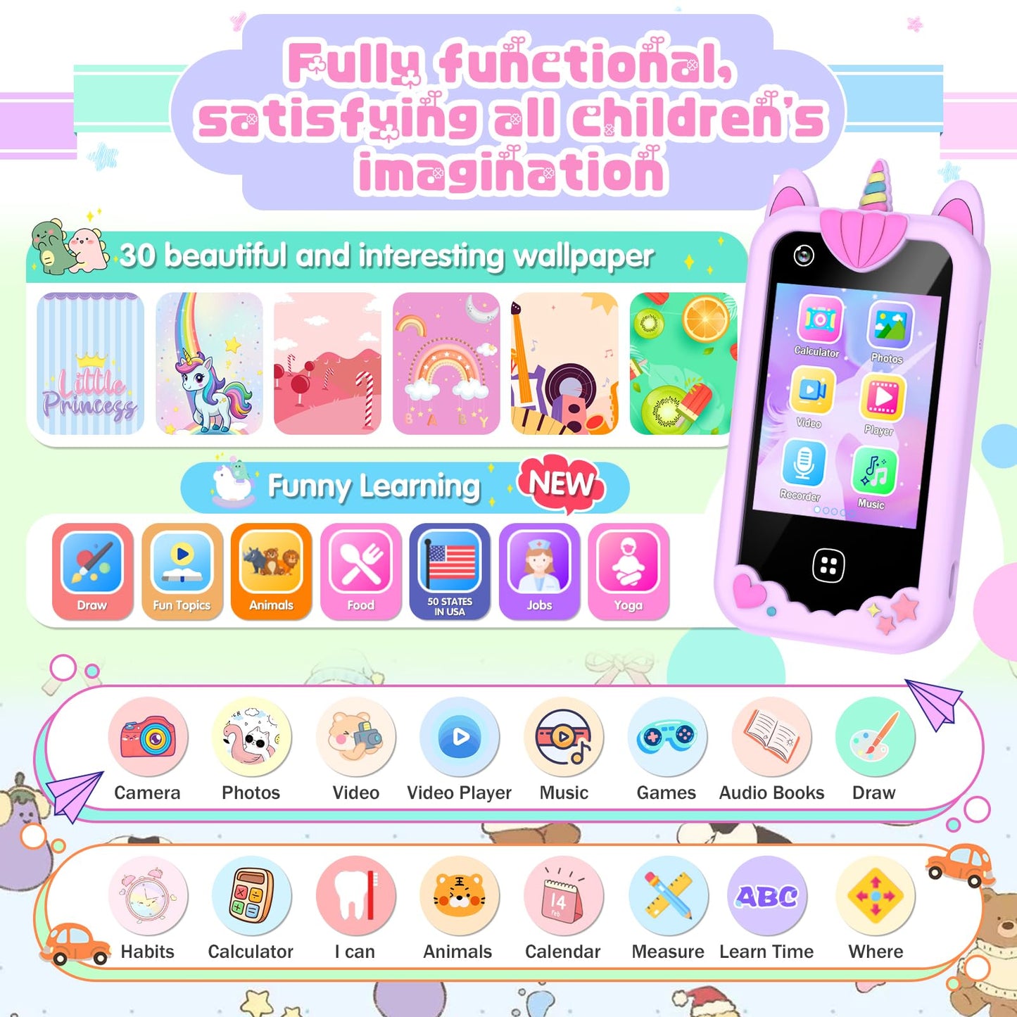 Yiphun Kids Smart Phone for Girls – 2.8-inch Touchscreen Learning Toy with Dual Camera, 8GB