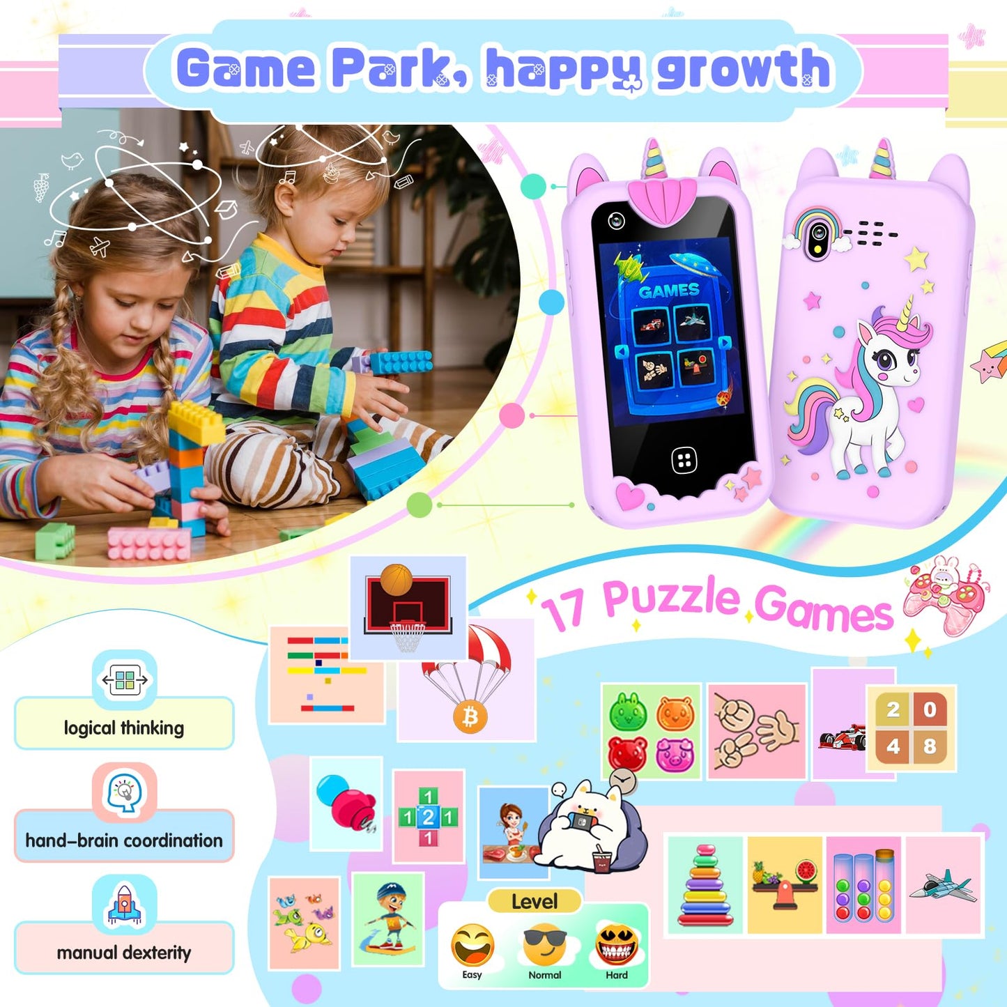 Yiphun Kids Smart Phone for Girls – 2.8-inch Touchscreen Learning Toy with Dual Camera, 8GB