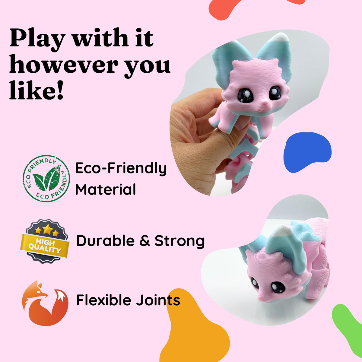 Yipintang Candy Fox – 8-Inch 3D Printed Flexible Fidget Animal for Desk Decor