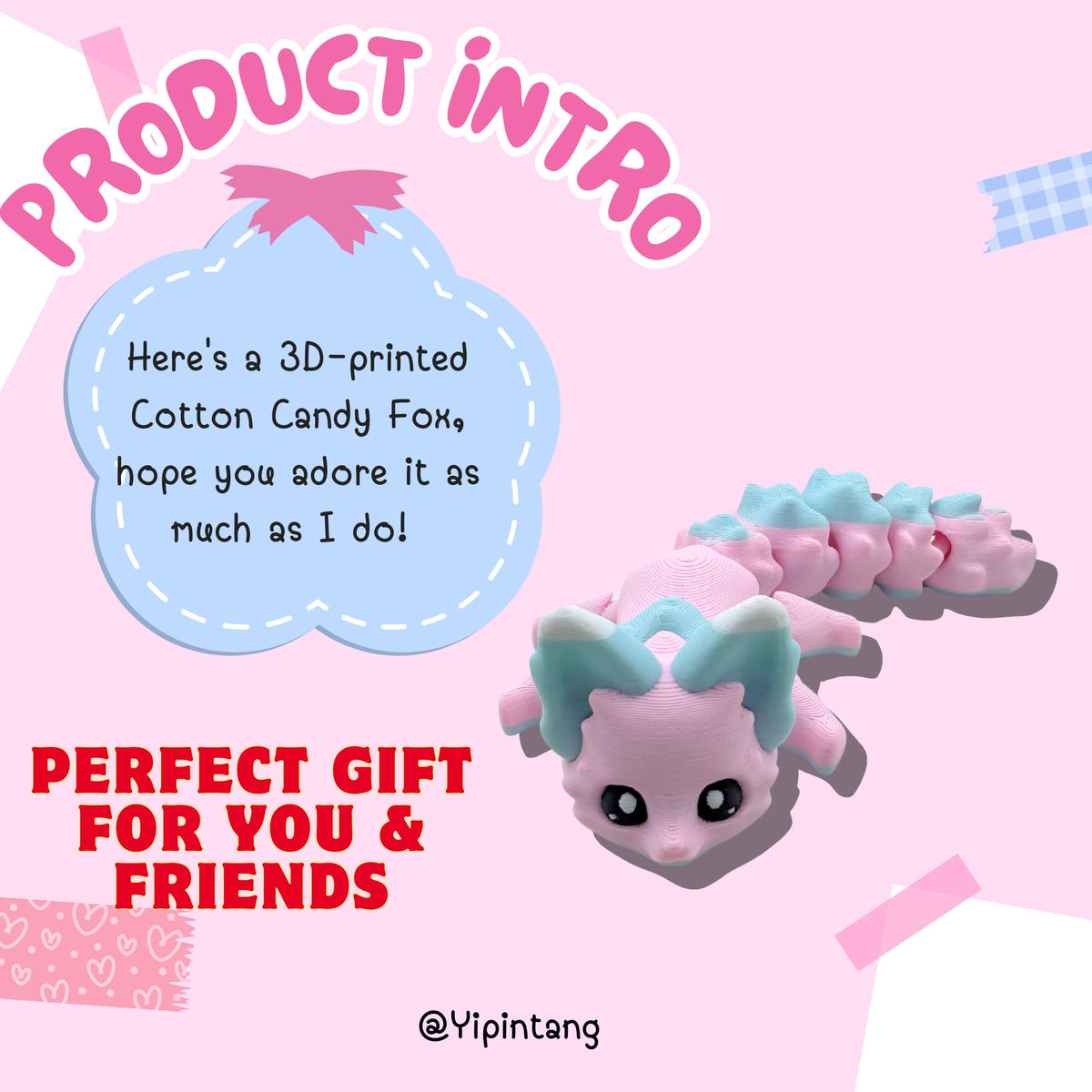 Yipintang Candy Fox – 8-Inch 3D Printed Flexible Fidget Animal for Desk Decor
