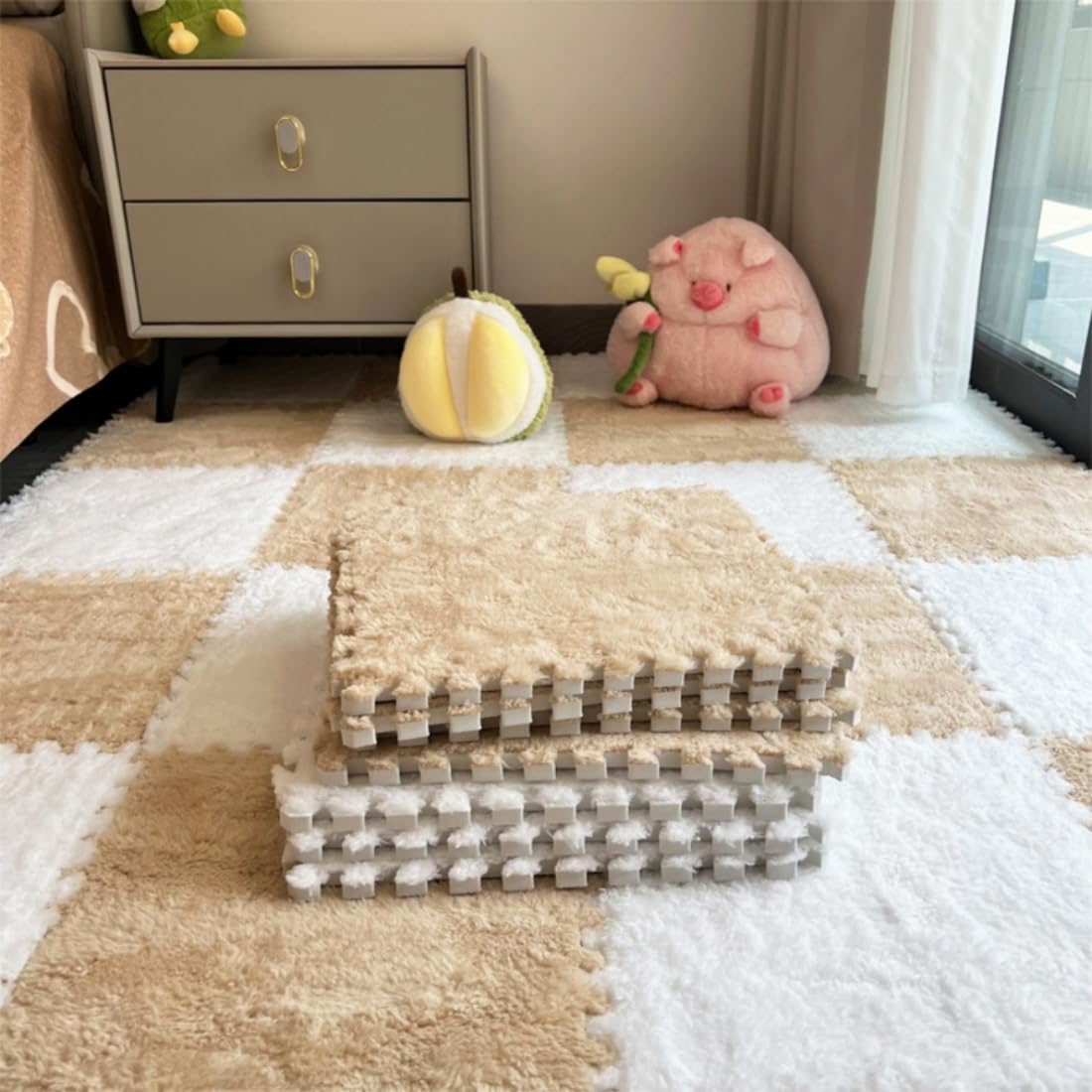 YISLEND 12Pcs Interlocking Plush Carpet Tiles – Light Blue & Grey Playroom Floor Mat